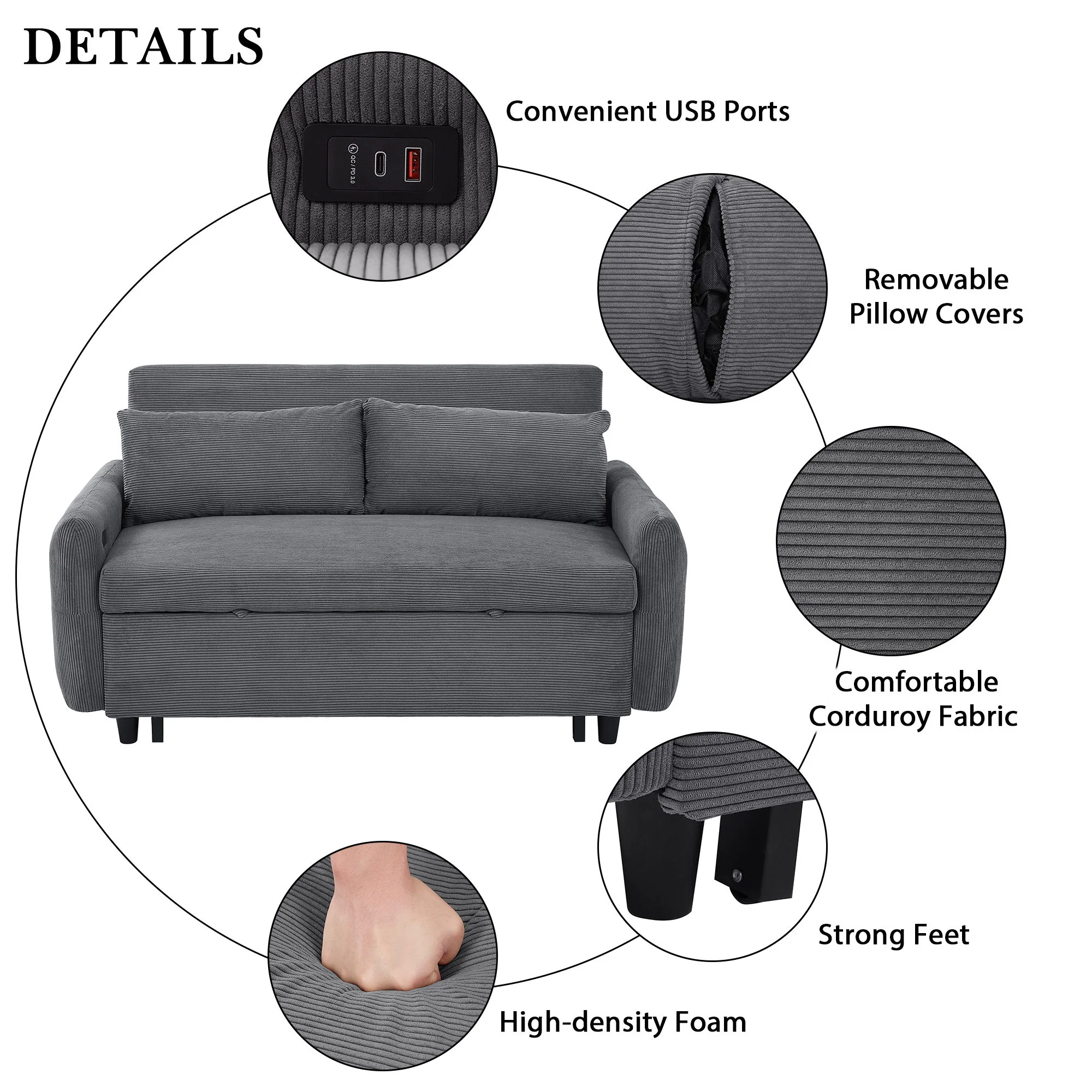 Pull-Out 2 Seat Modern Sleeper Sofa With 2 Throw Pillows And USB Ports - Image 5