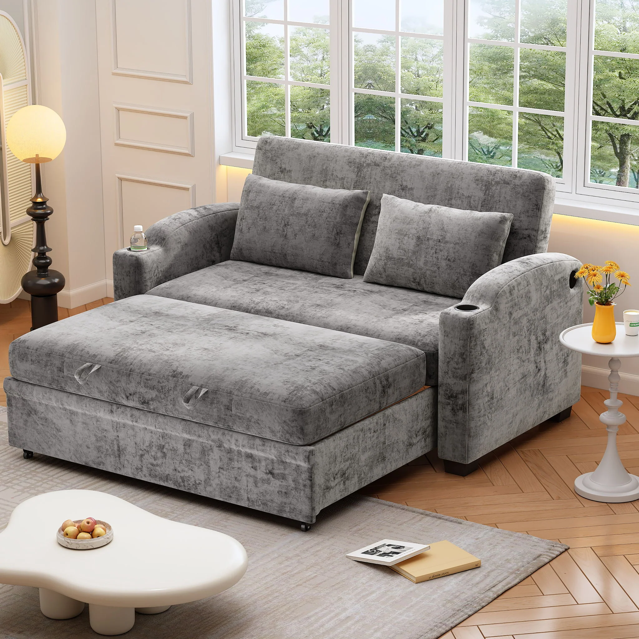 Pull Out Loveseat Sofa With Adjsutable Backrest, 2 Pillows, Cup Holders, USB Ports For Living Room - Image 5