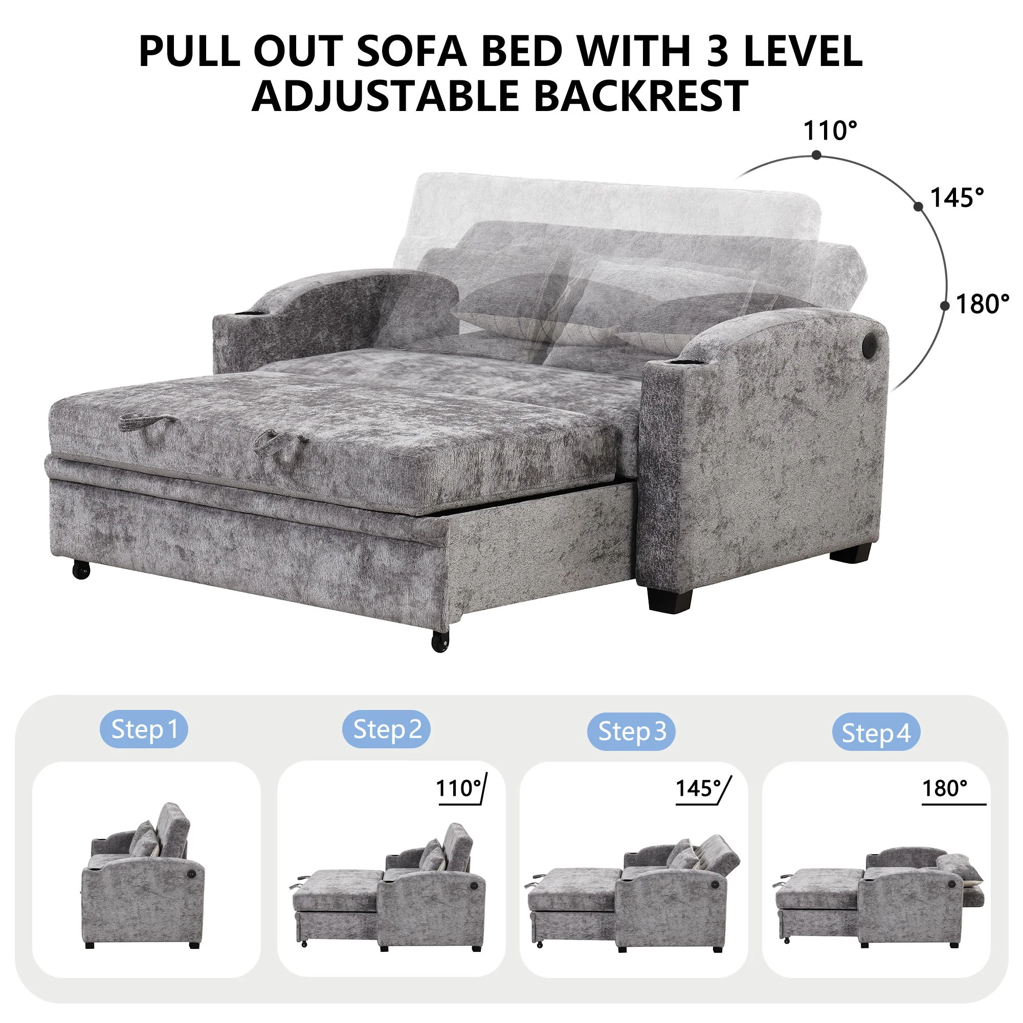 Pull Out Loveseat Sofa With Adjsutable Backrest, 2 Pillows, Cup Holders, USB Ports For Living Room - Image 6