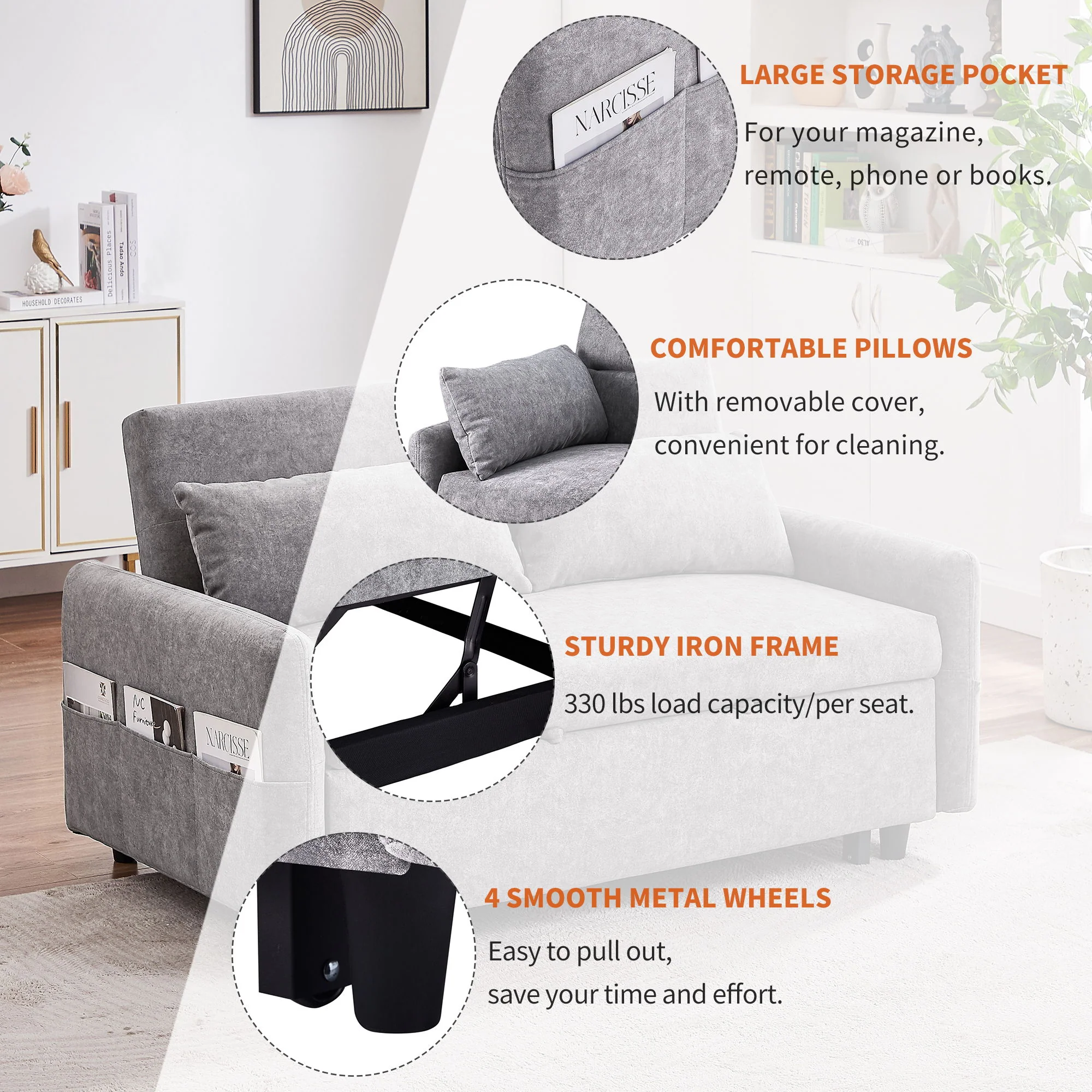 Pull Out Sleep Sofa Bed Loveseats Sofa Couch With Adjsutable Backrest, Storage Pockets, 2 Soft Pillows, USB Ports For Living Room, Bedroom, Apartment, Office - Image 12
