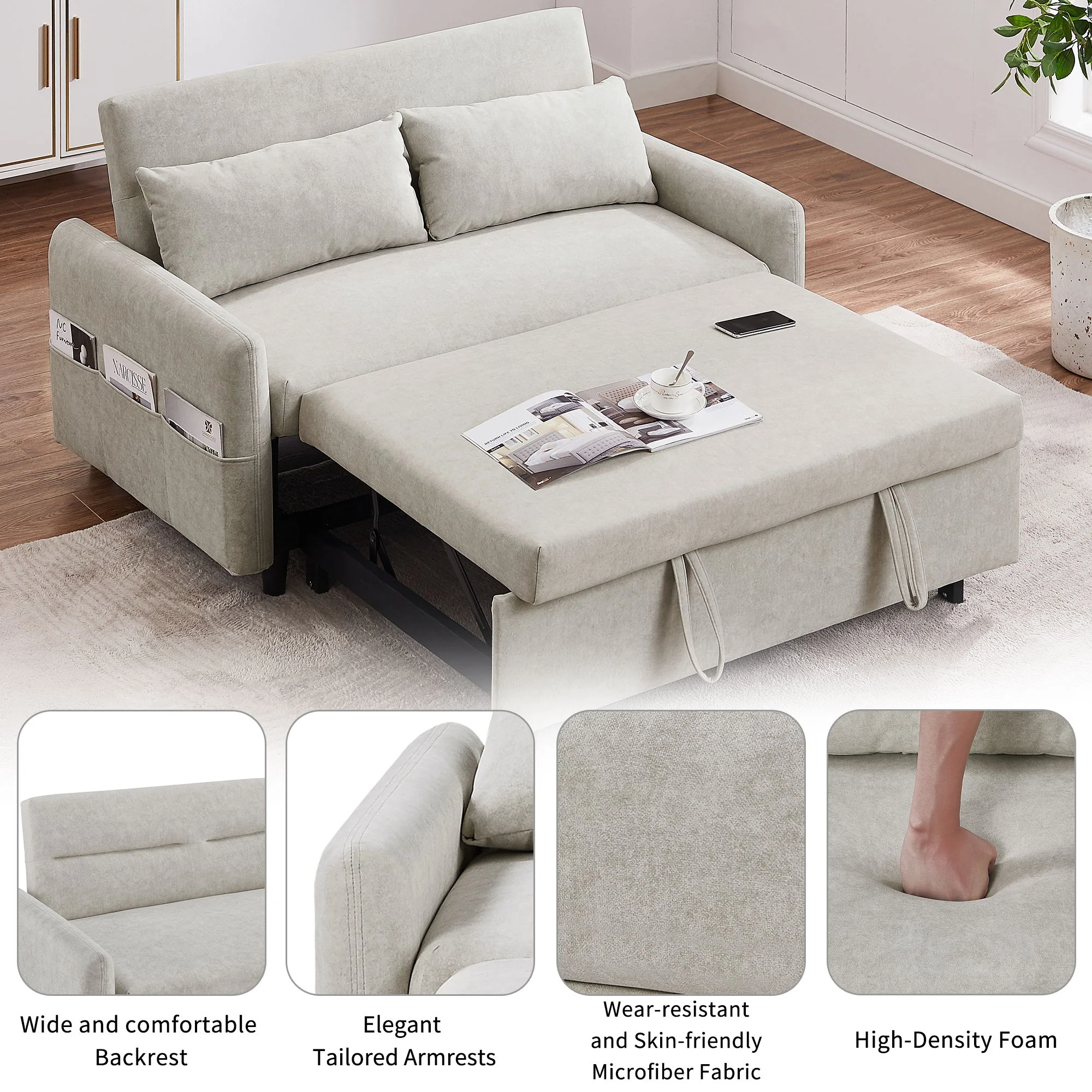 Pull Out Sleep Sofa Bed Loveseats Sofa Couch With Adjsutable Backrest, Storage Pockets, 2 Soft Pillows, USB Ports For Living Room, Bedroom, Apartment, Office - Image 17
