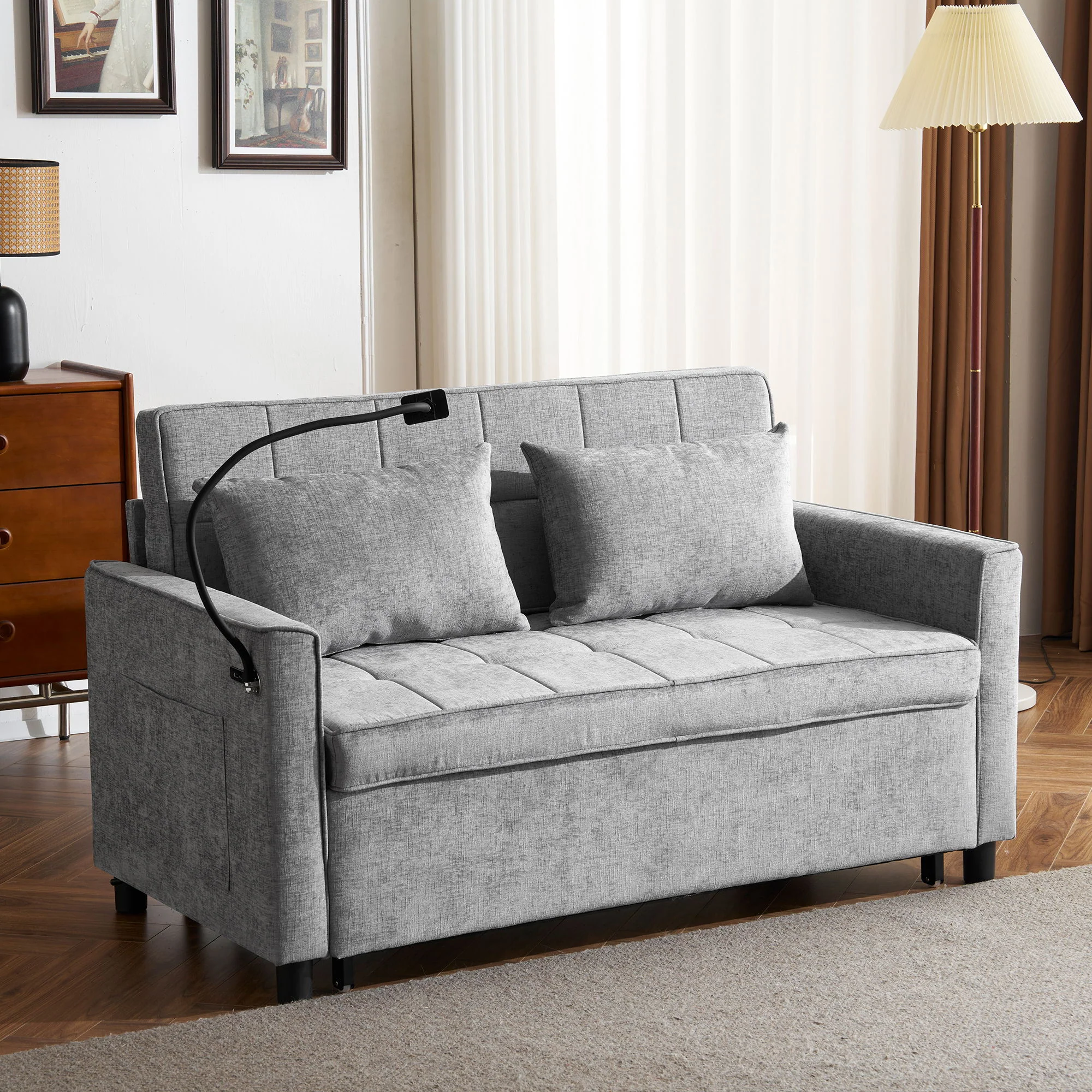 Pull-Out Sleeper Sofa With Reversible Backrest Cushion, Side Pockets, 2 USB Ports And A Phone Holder For Living Room - Image 17