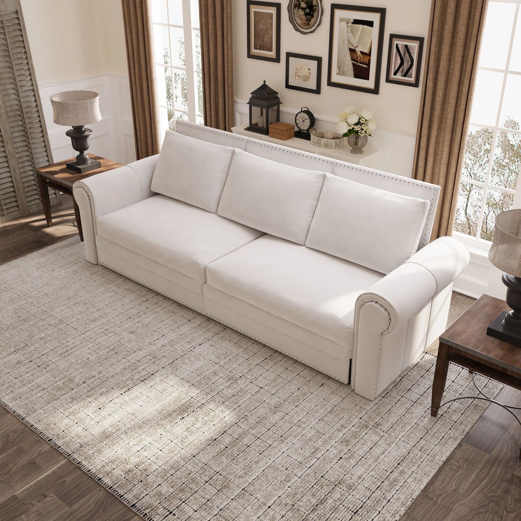 Pull Out Sofa Bed 3 In 1 Convertible Sleeper Sofa With Nailhead Trim & Rolled Arm, Multi Functional - Image 3