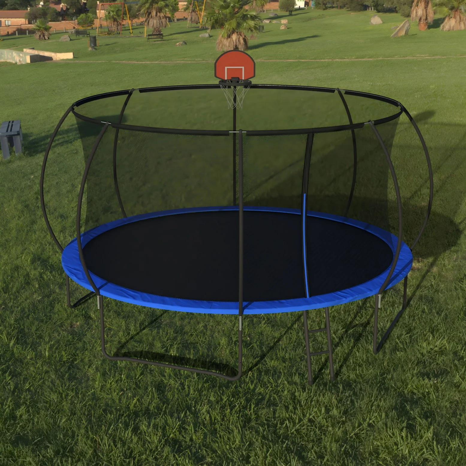 Pumpkin 14 Ft Outdoor Trampoline With Basketball Hoop Enclosure Net Ladder And Metal - Black / Blue - Image 3