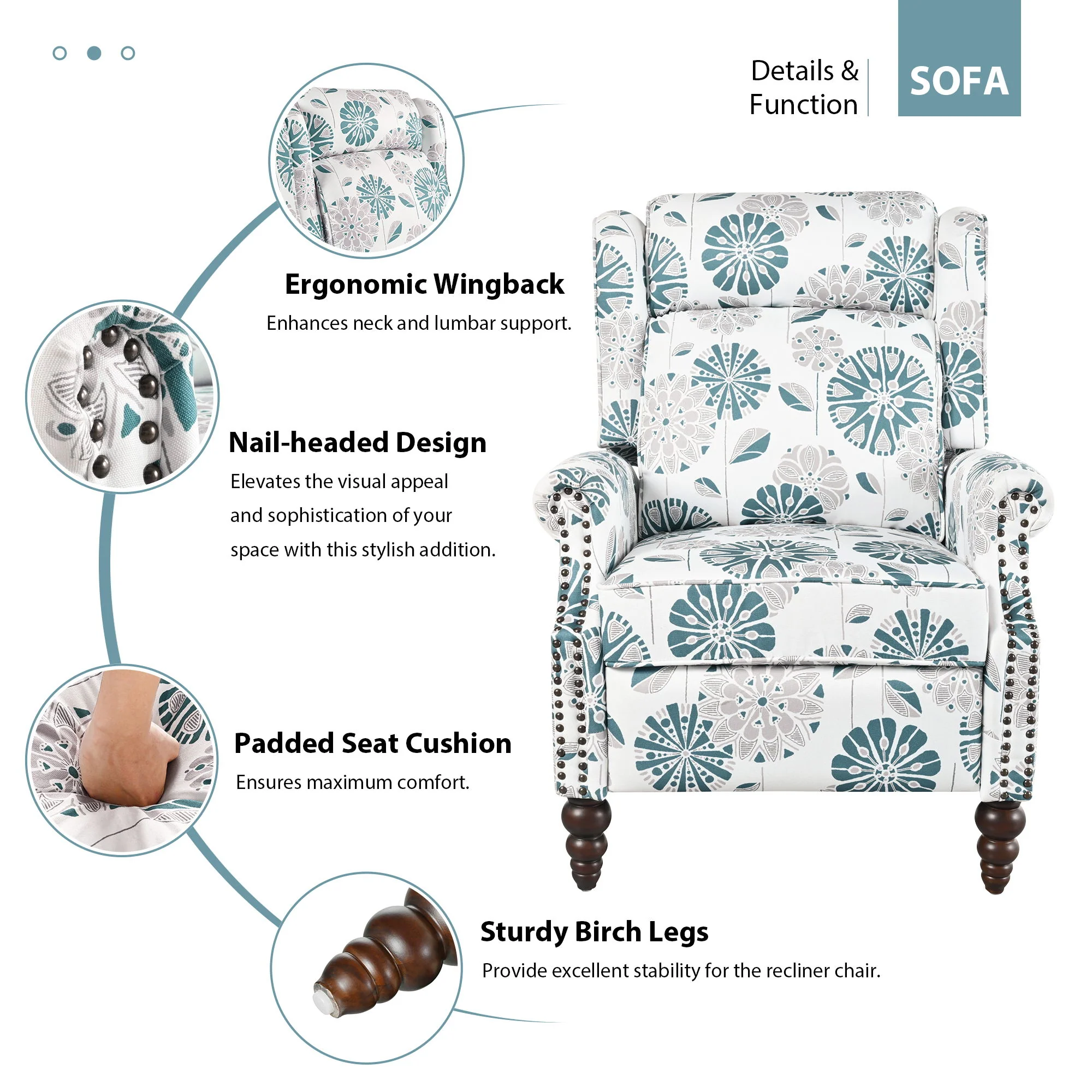 Push Back Recliner Chair Upholstered Recliner Armchair With Classic Wing Back And Solid Gourd-Shaped Legs - Image 16
