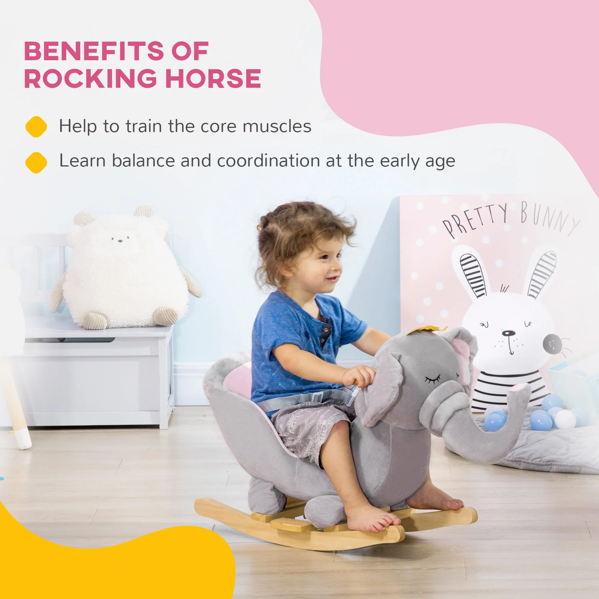 Qaba - Baby Rocking Horse Elephant Rocking Chair Toddler Rocker Toy With Sound Wooden Base Seat Safety Belt For 1.5-3 Year Old - Gray - Image 4