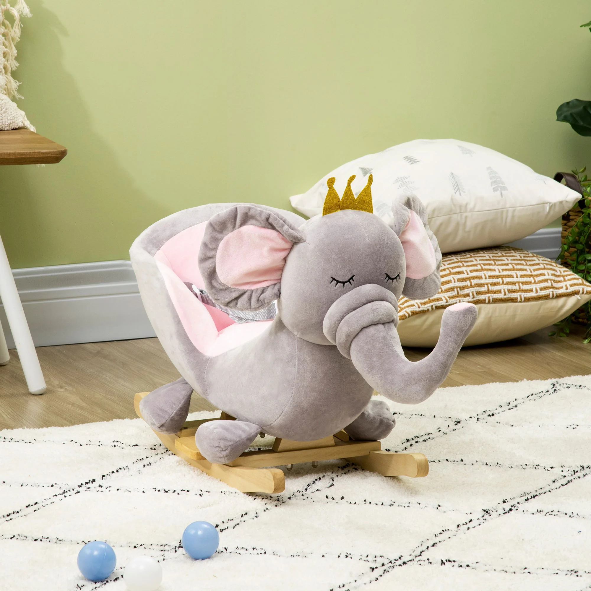 Qaba - Baby Rocking Horse Elephant Rocking Chair Toddler Rocker Toy With Sound Wooden Base Seat Safety Belt For 1.5-3 Year Old - Gray - Image 6