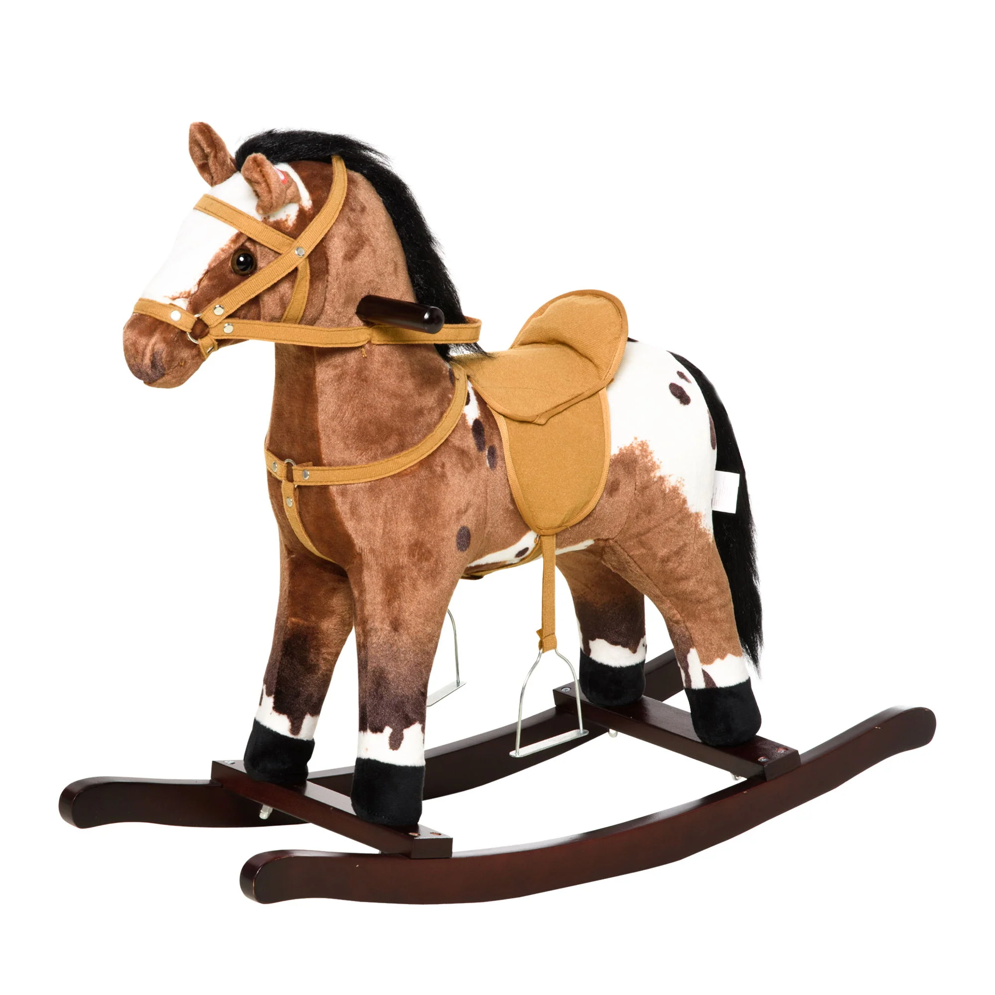 Qaba - Kids Metal Plush Ride-On Rocking Horse Chair Toy With Realistic Sounds - Dark Brown / White - Image 4
