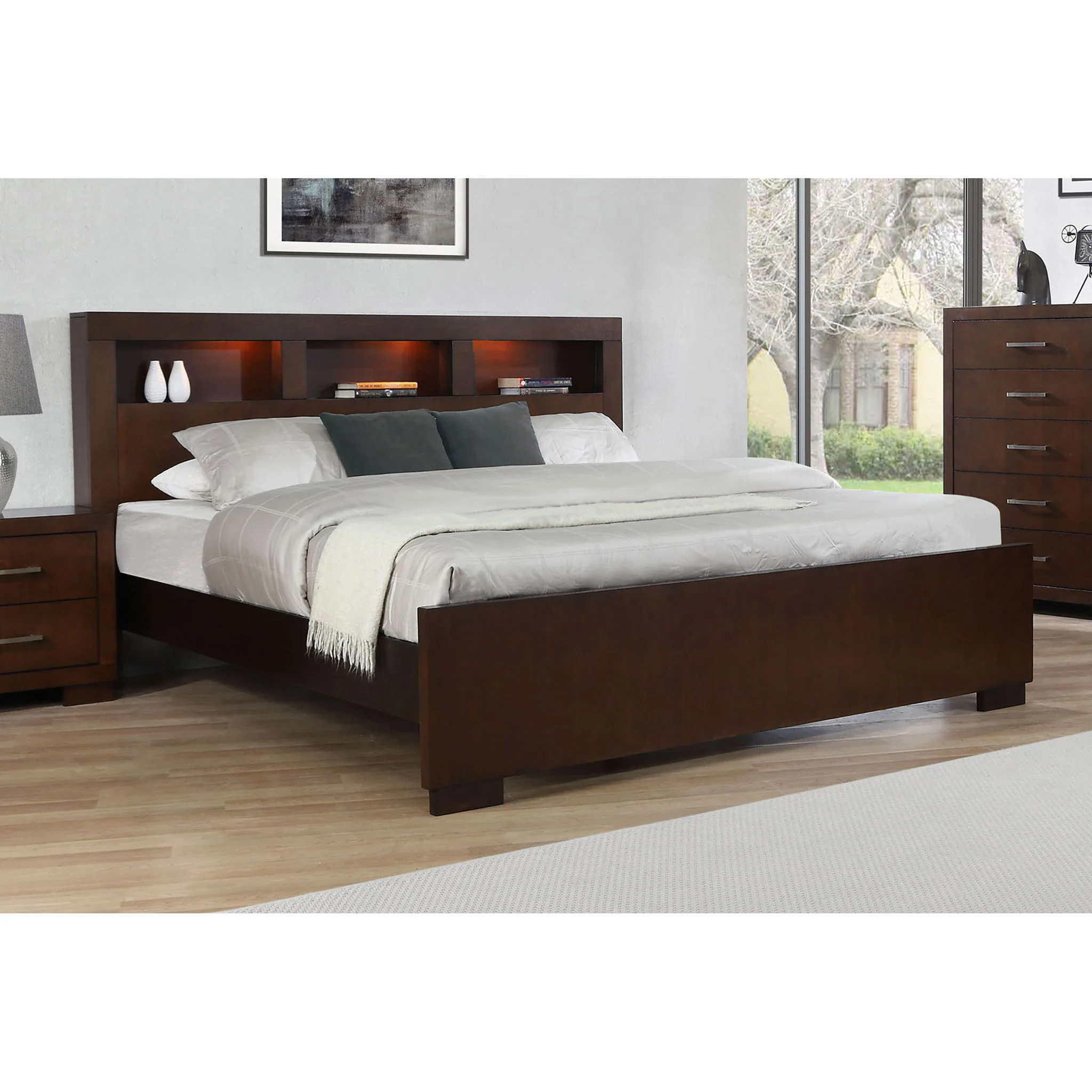Queen Bed With Bookcase Headboard - Brown - Image 3