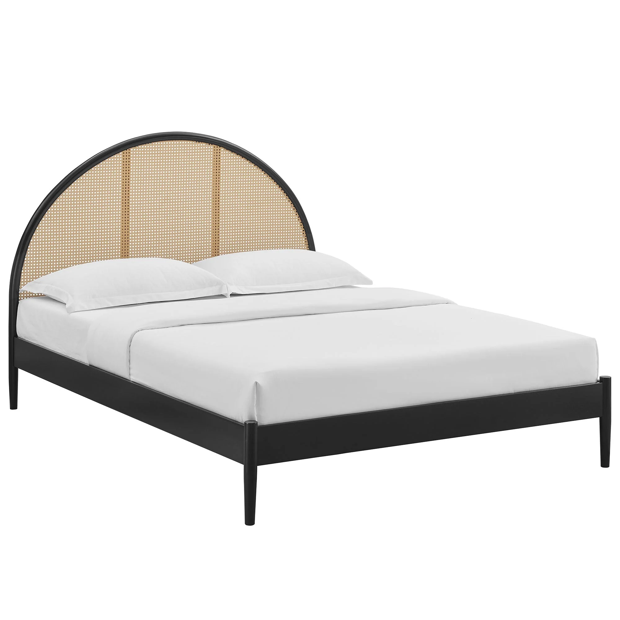 Queen Black Arched Rattan Cane Wood Platform Bed