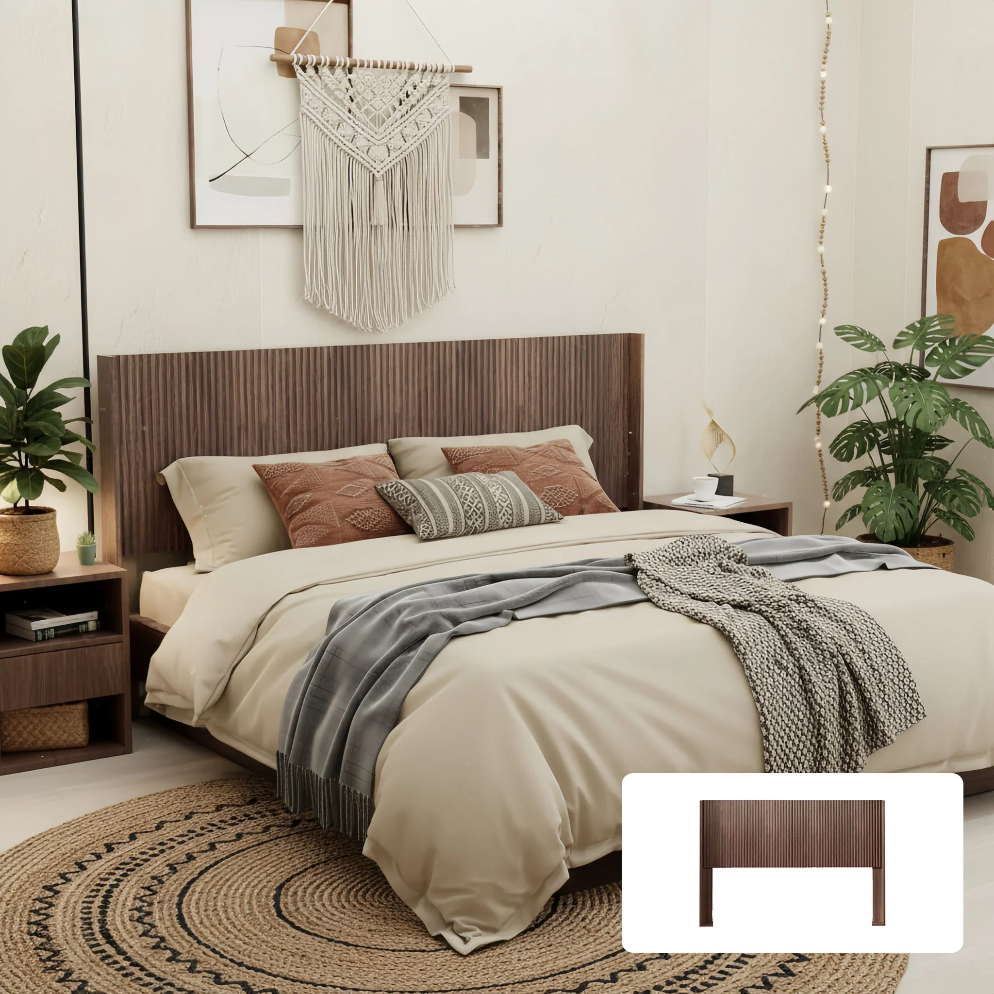 Queen Headboard Only, Fluted Panel Design - Walnut - Image 9