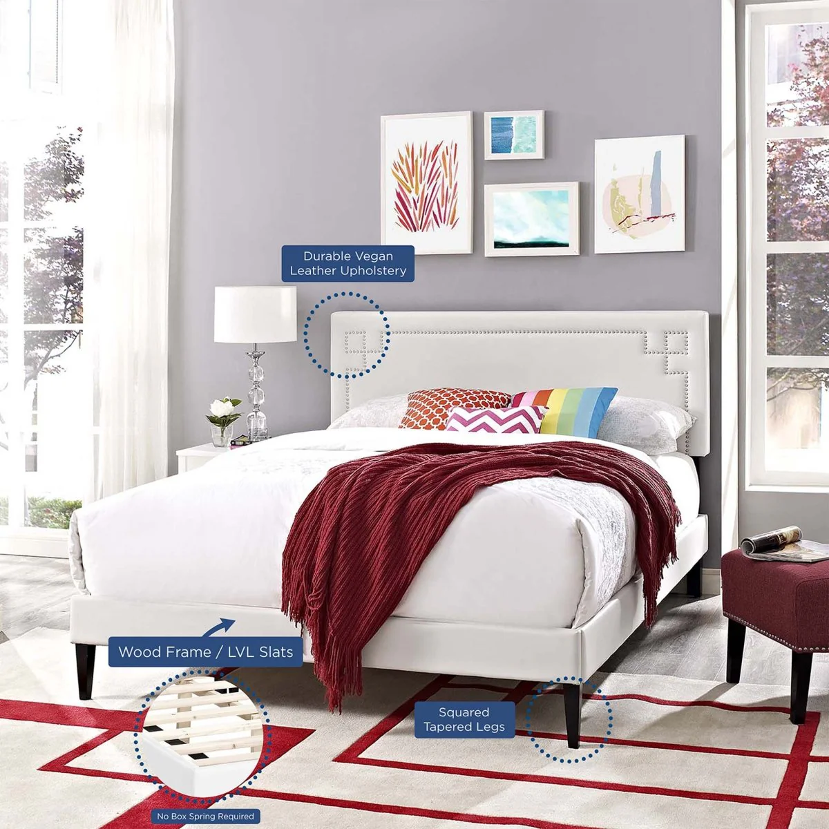 Queen Mid-Century Modern Upholstered Vinyl Platform Bed in White - Image 2