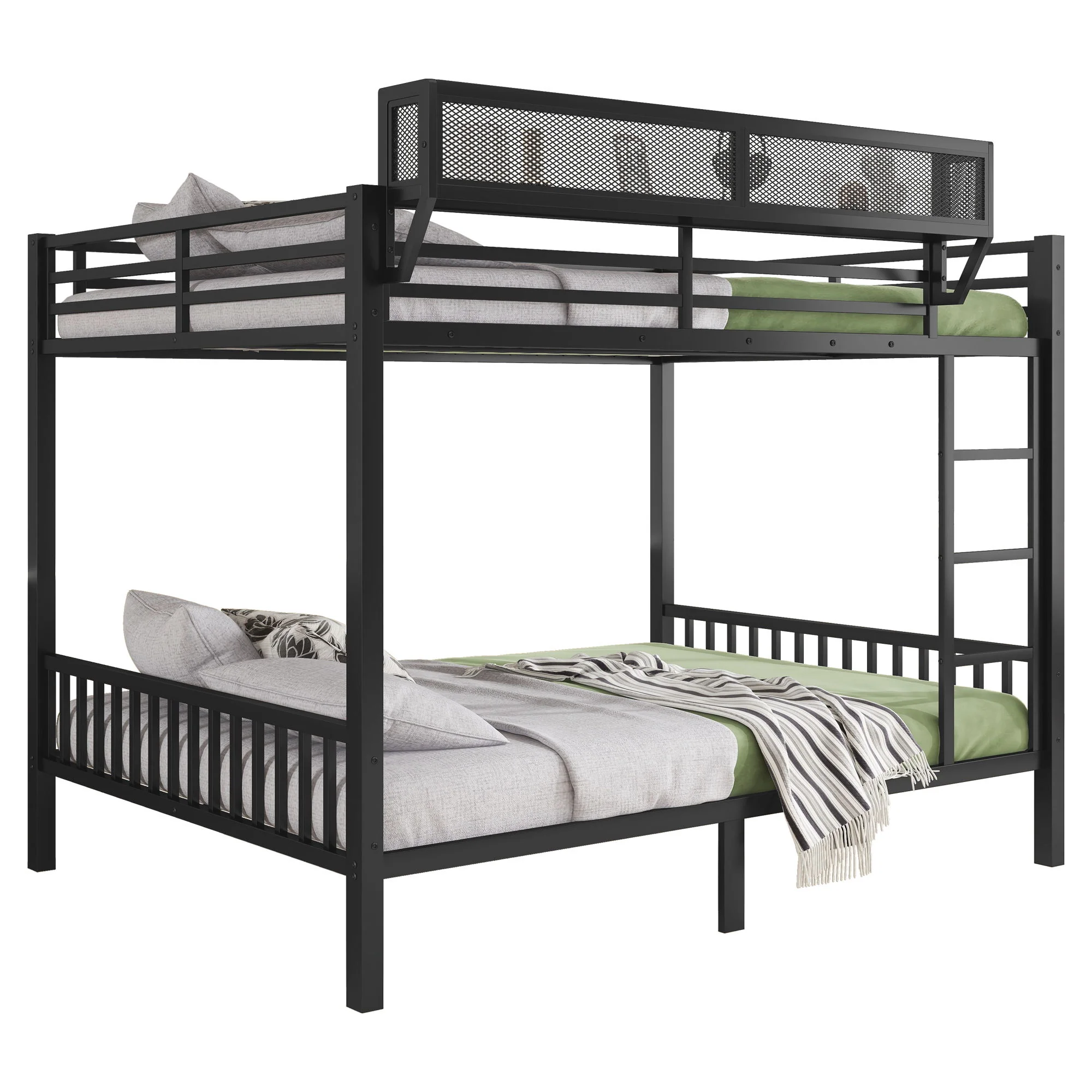 Queen Over Queen Bunk Bed With Ladder And Storage Shelf - Black - Image 2