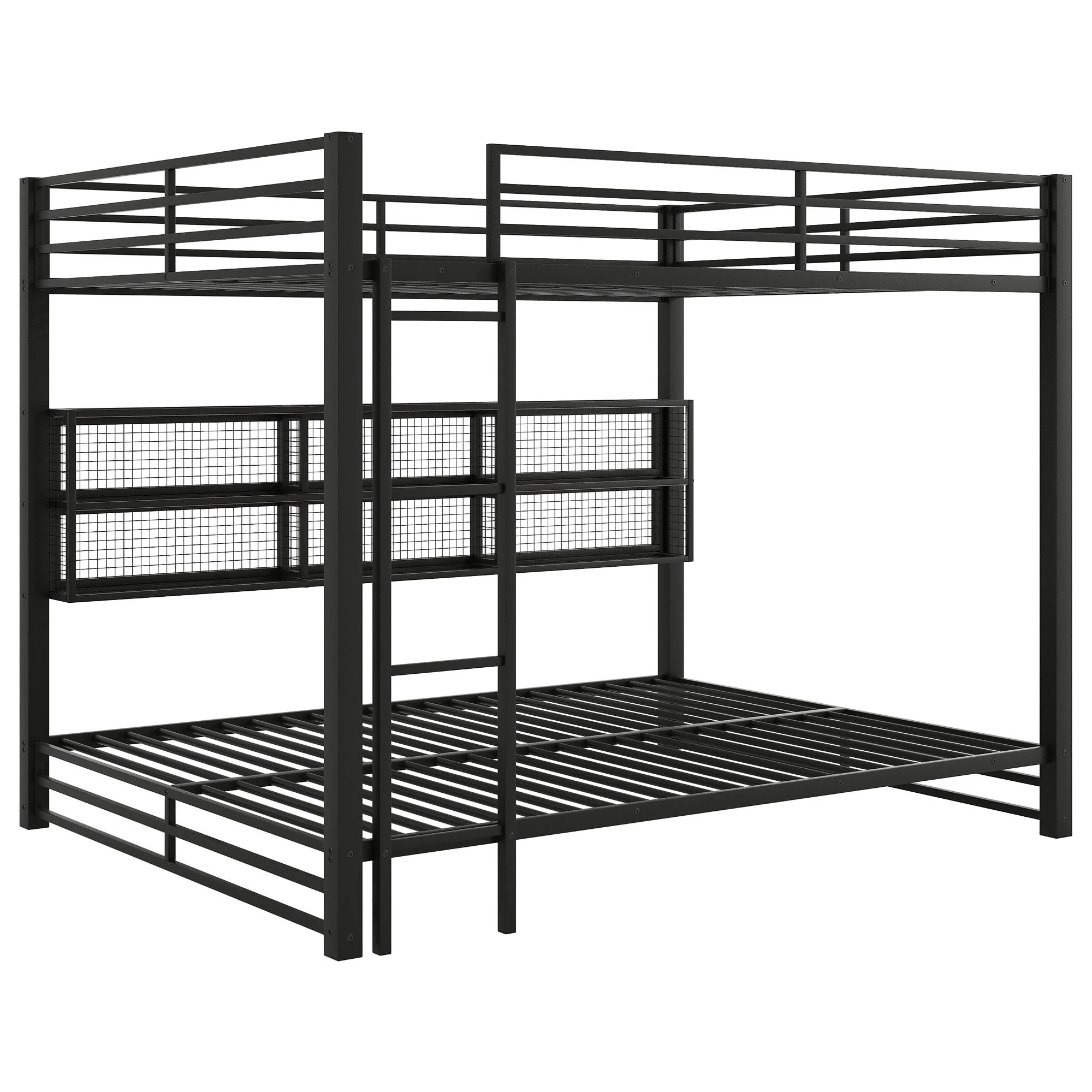 Queen Over Queen Bunk Bed With Storage Cabinets And LED Sturdy Frame, 6 Storage Units, Adjustable LED Lights - Black - Image 8