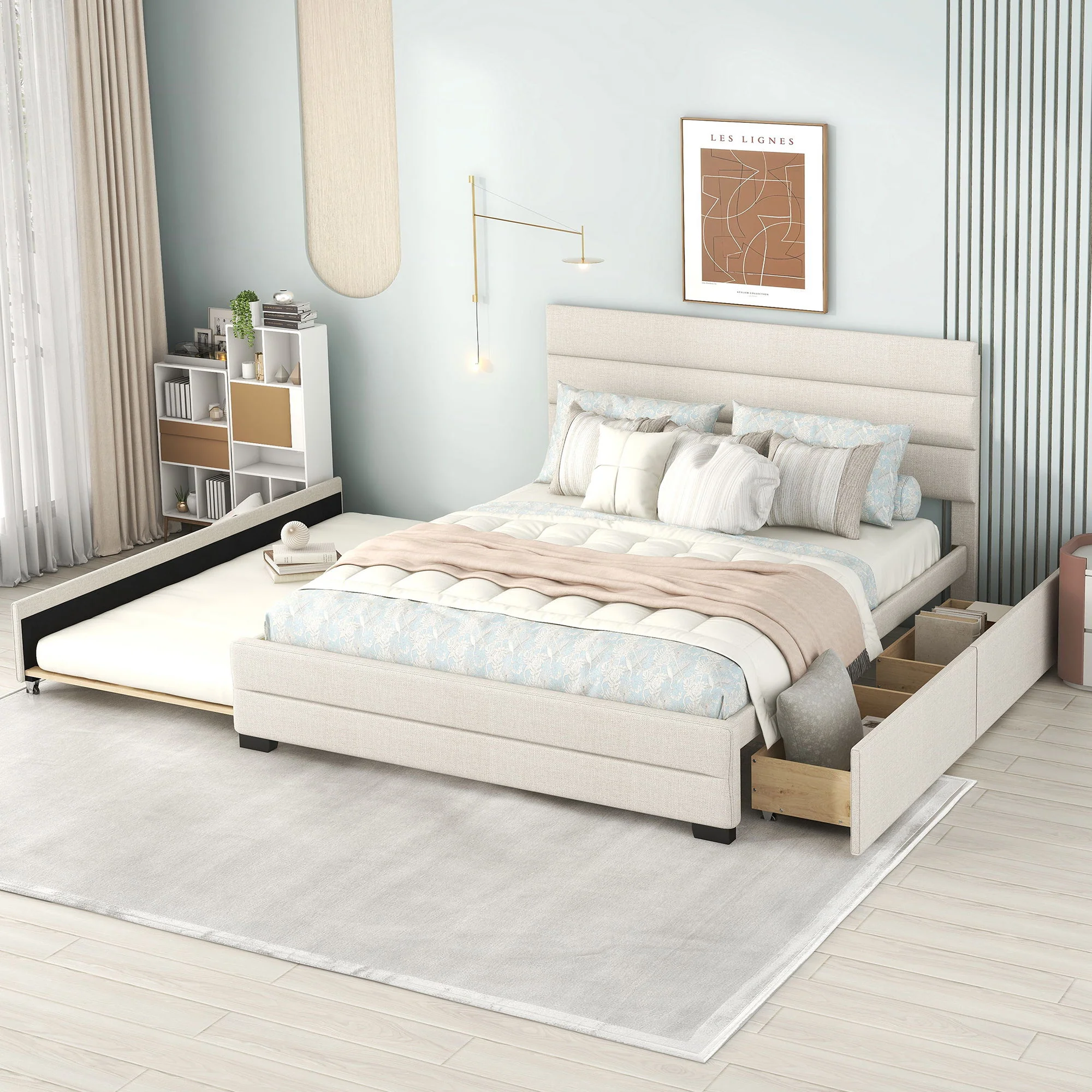 Queen Platform Bed With Twin Trundle And 2 Storage Drawers - Beige - Image 4