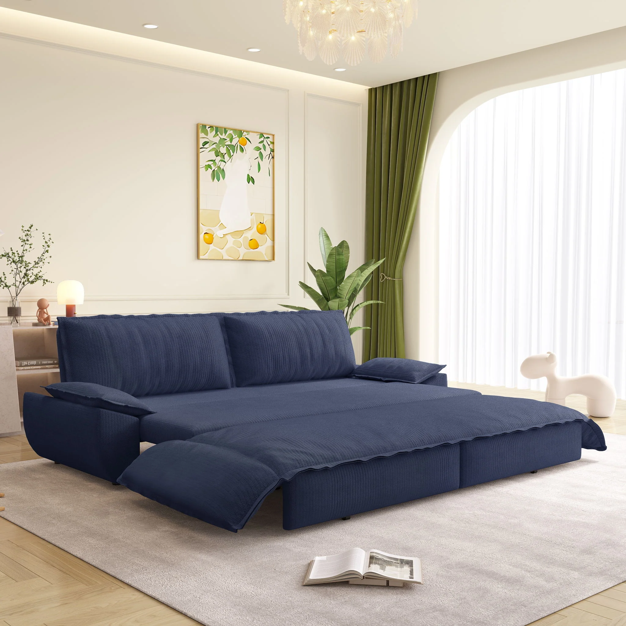 Queen Pull Out 3 In 1 Convertible Sleeper Sofa Bed - Blue - Image 2