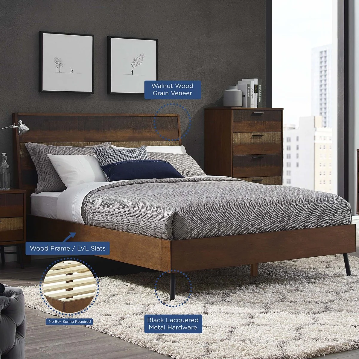 Queen Rustic Striped Wood Grain Platform Bed in Walnut - Image 3