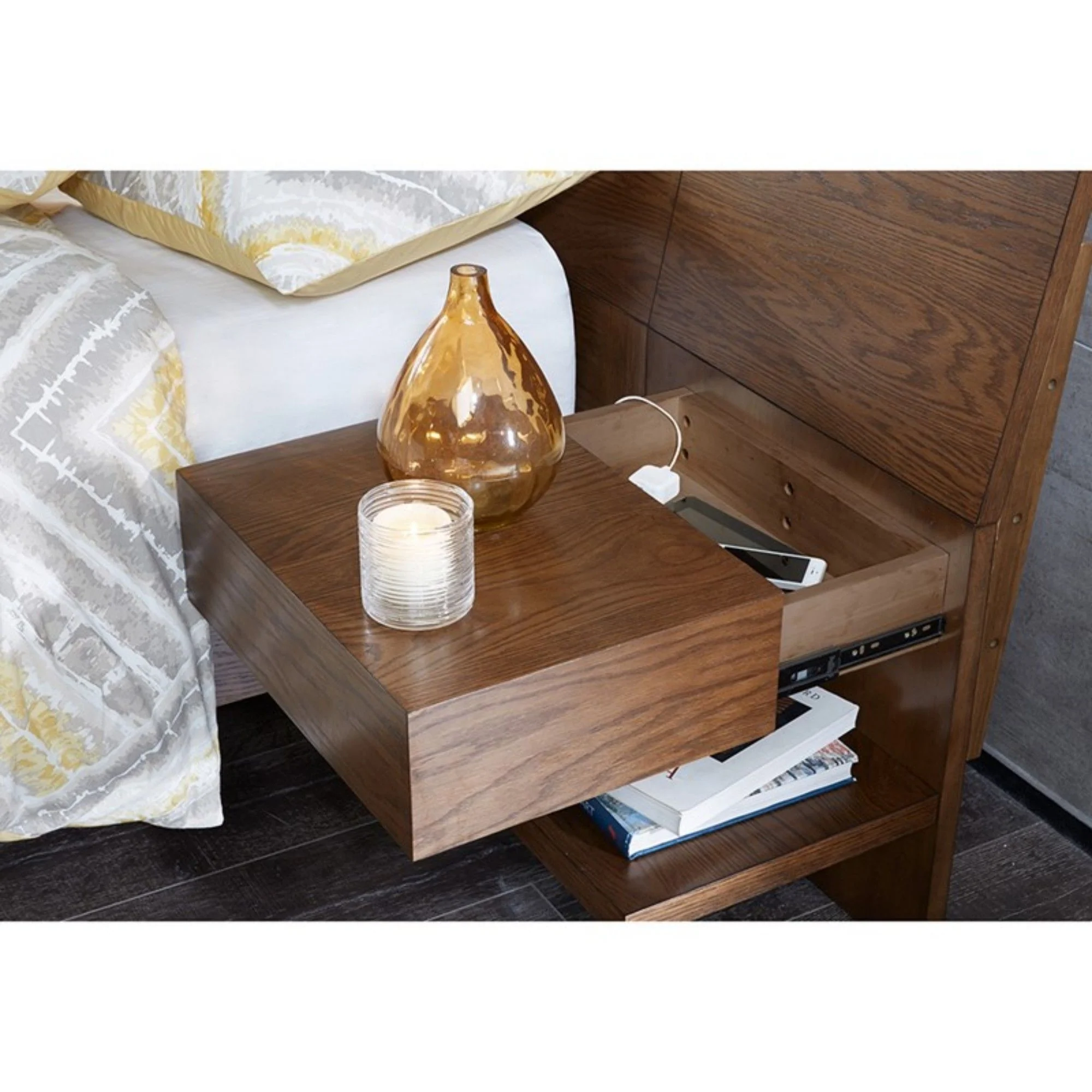 Queen Size Bed With Attached Nightstands And Hidden Storage - Pecan - Image 2