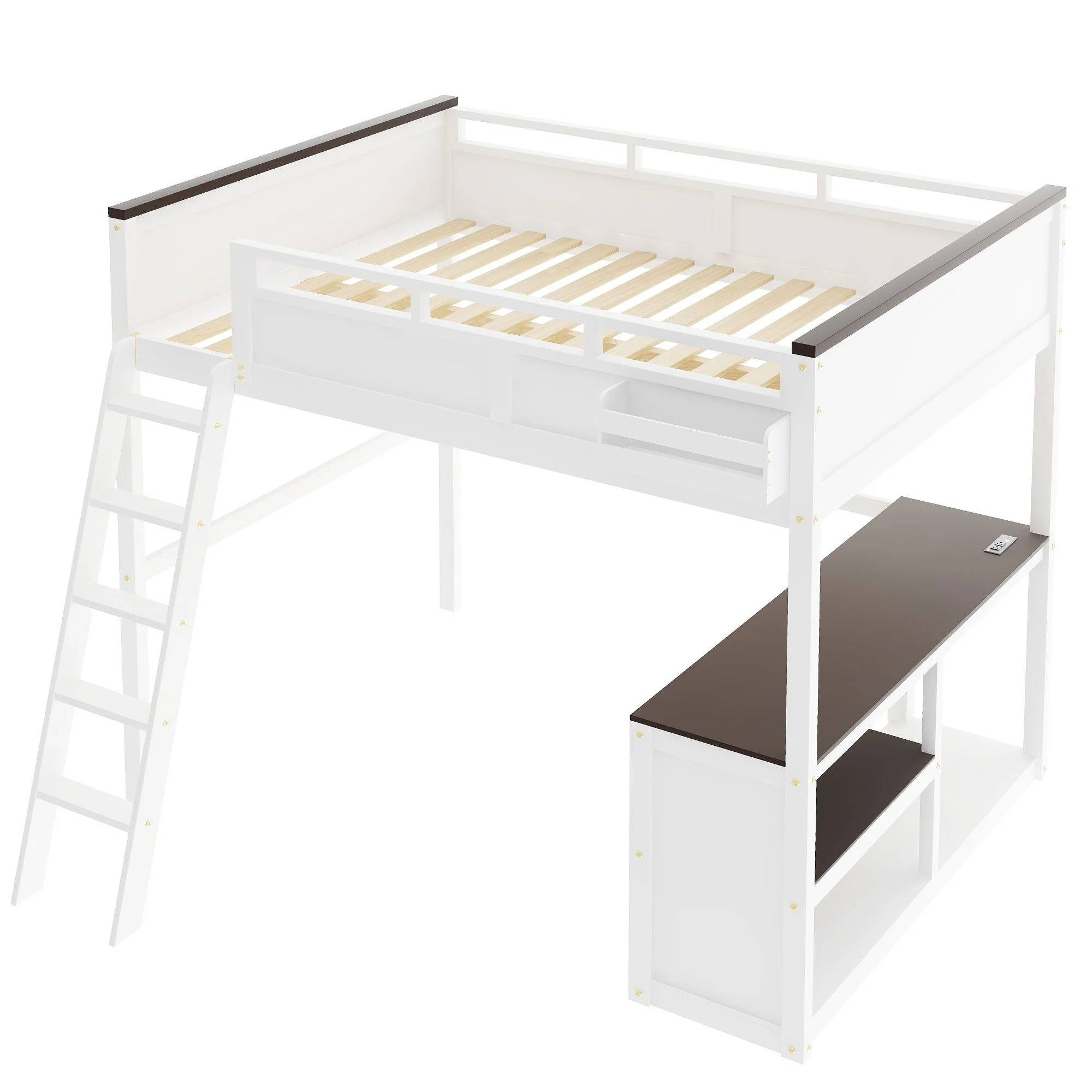 Queen Size Loft Bed With Desk, Open Shelf, Storage Box And USB Charging Station - White - Image 6