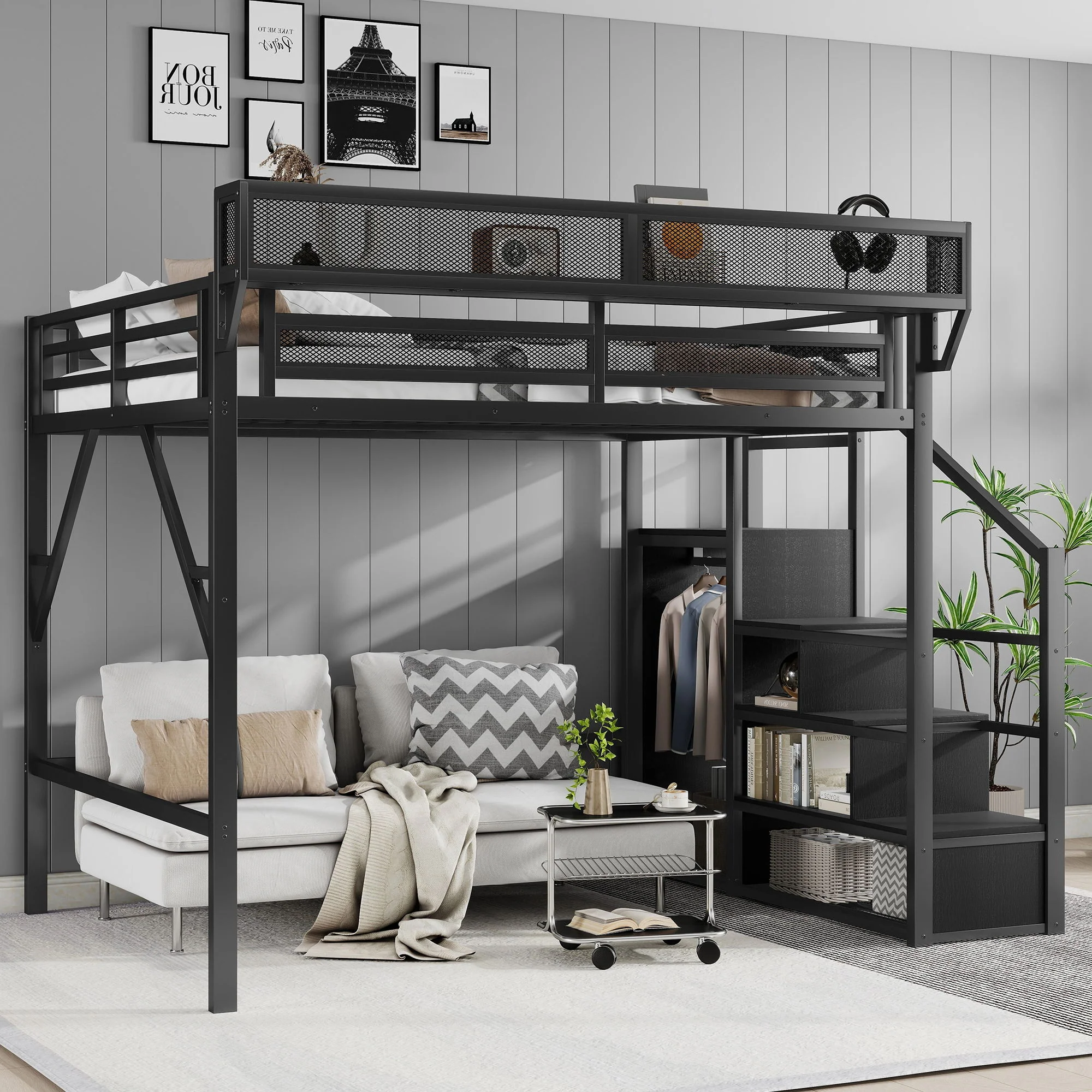 Queen Size Loft Bed With Stairs, Storage Shelves, Wardrobe - Black - Image 5