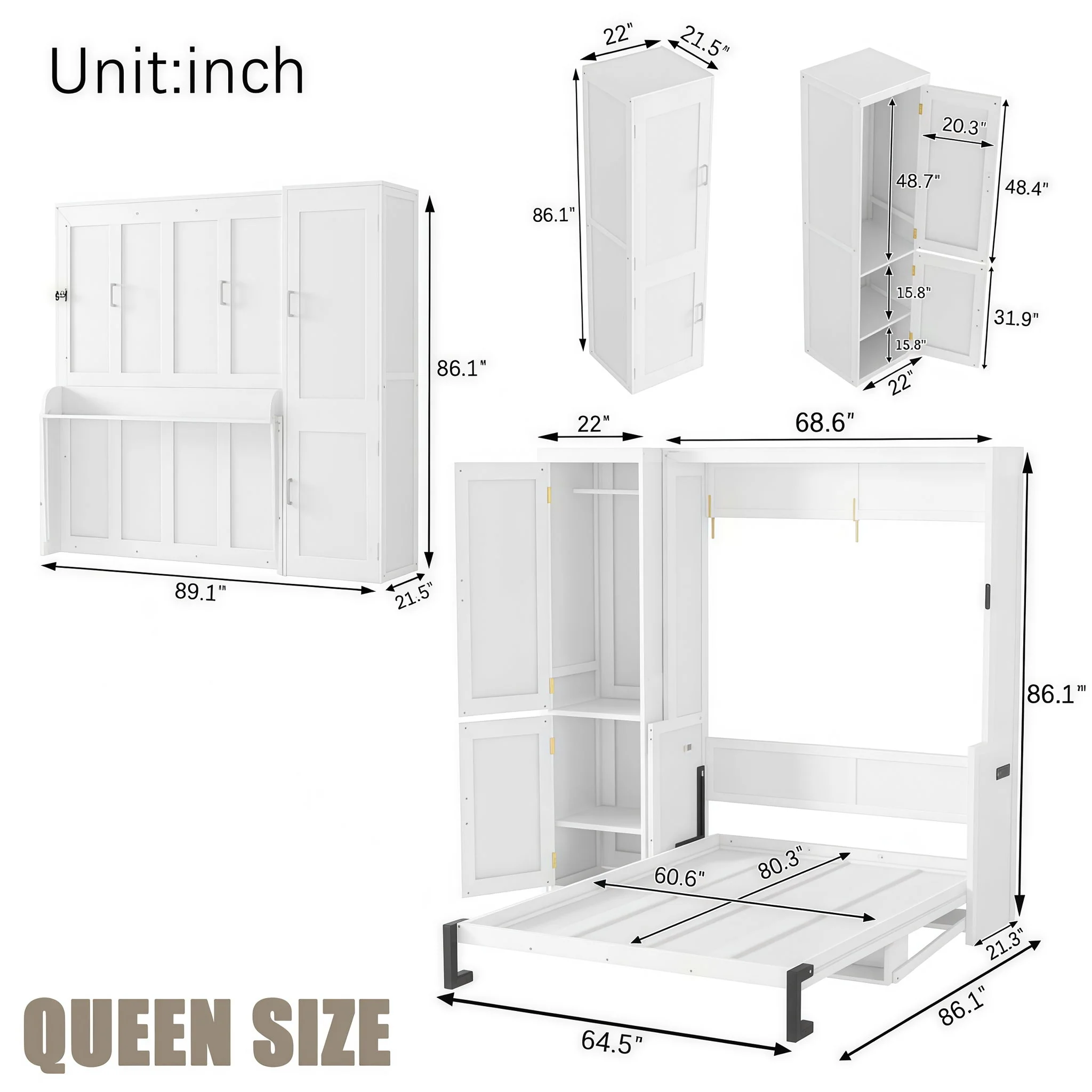 Queen Size Murphy Bed With Wardrobe, Space-Saving Hidden Wall Bed With Desk And Charging Station - White - Image 4