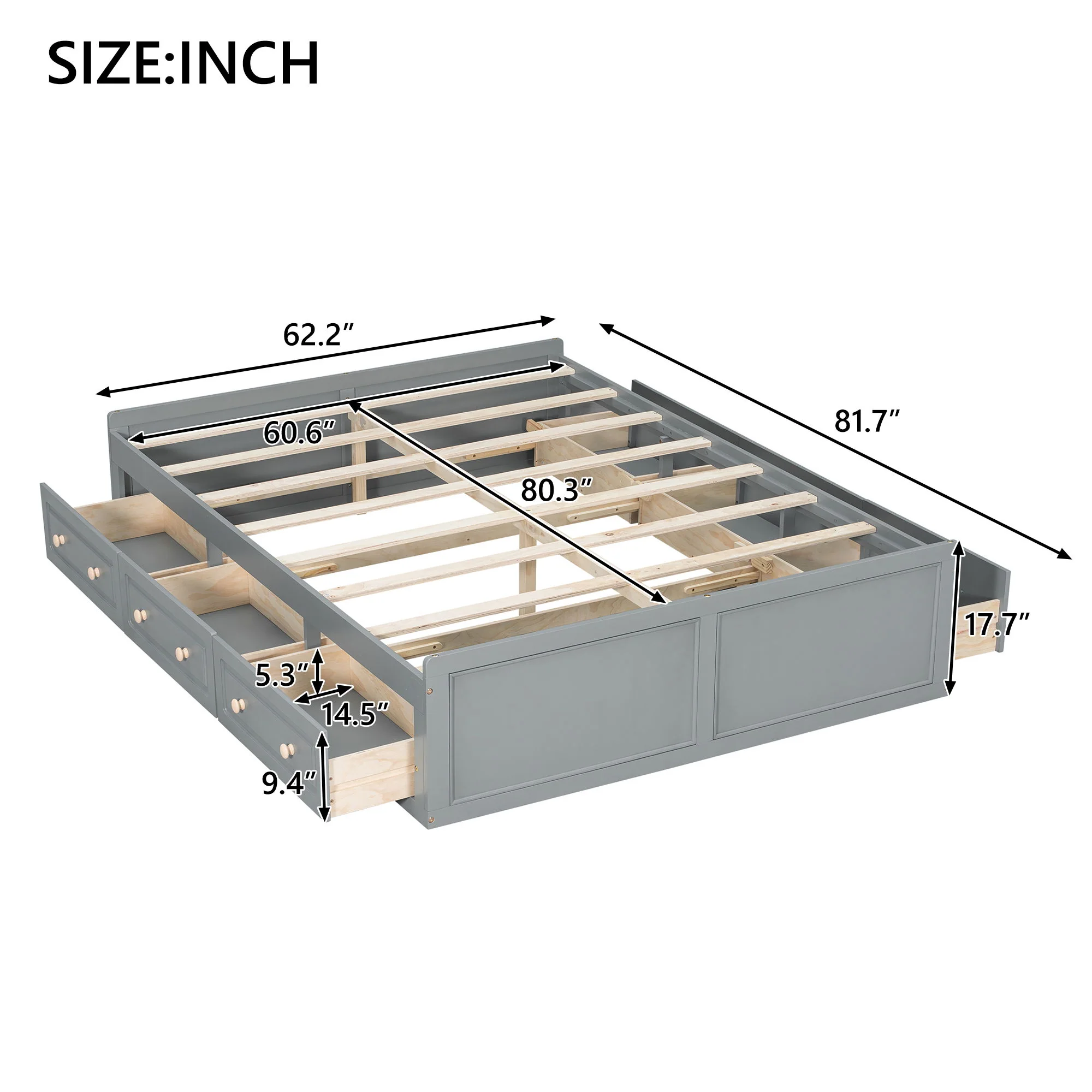 Queen Size Platform Bed Frame With 6 Drawers - Gray - Image 4