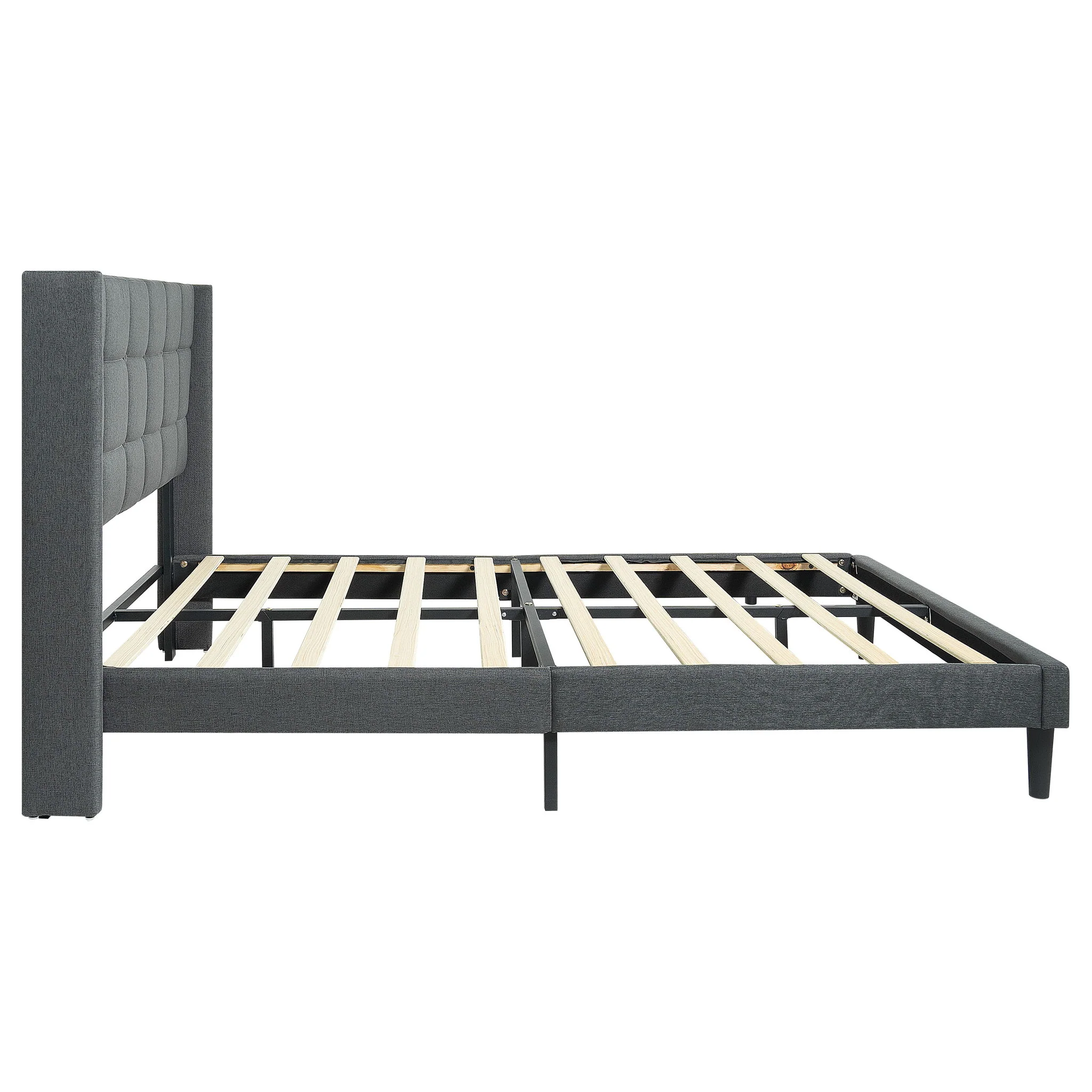Queen Size Upholstered Platform Bed Frame With Button Tufted Linen Fabric Headboard - Dark Gray - Image 3