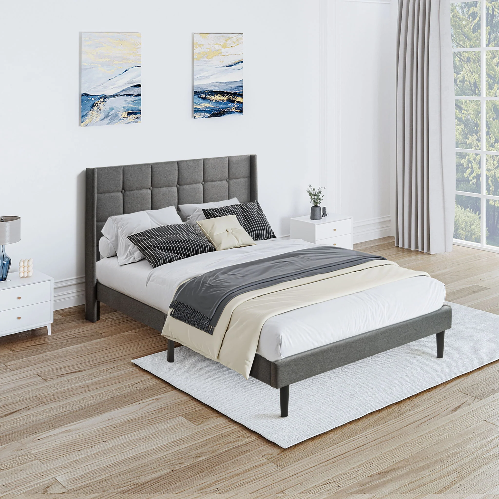 Queen Size Upholstered Platform Bed Frame With Button Tufted Linen Fabric Headboard - Dark Gray - Image 7