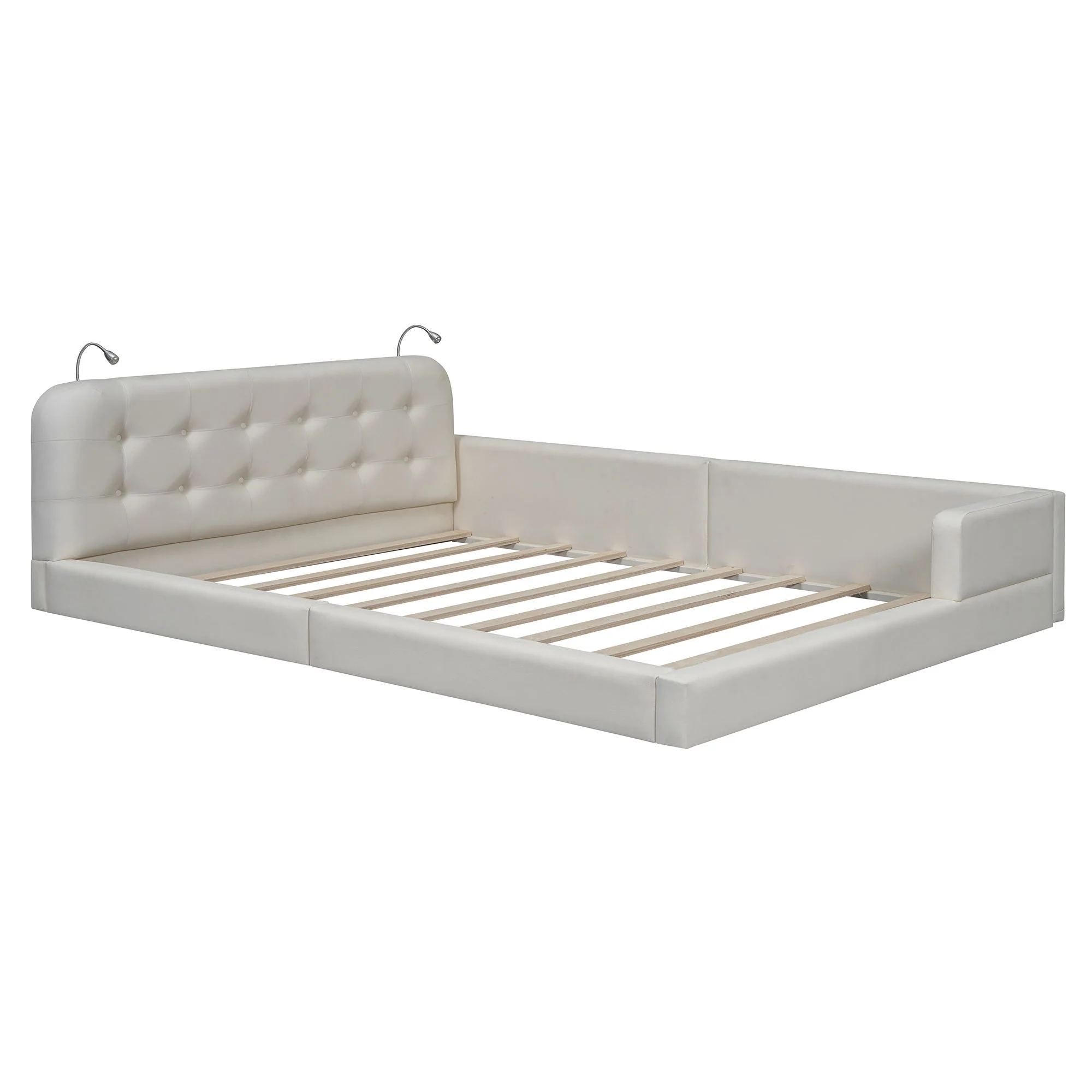 Queen Size Upholstered Platform Bed With 2 Reading Lights - White - Image 2