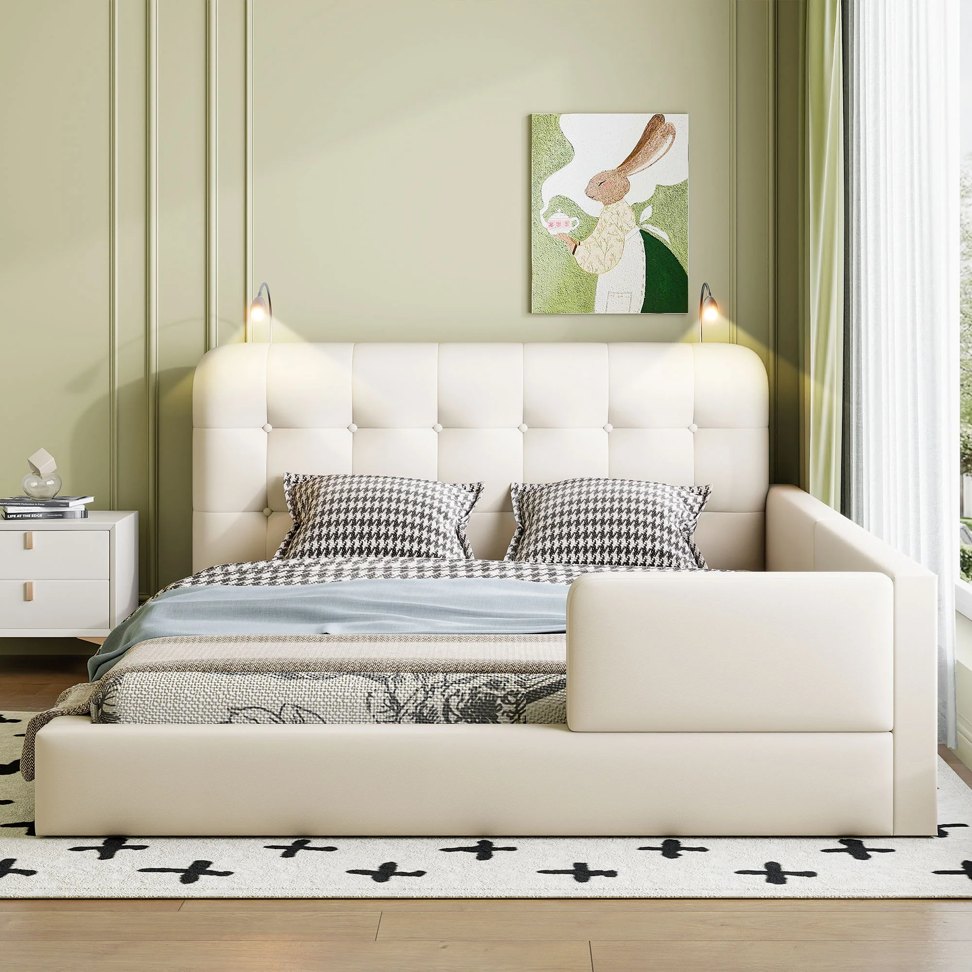 Queen Size Upholstered Platform Bed With 2 Reading Lights - White - Image 9