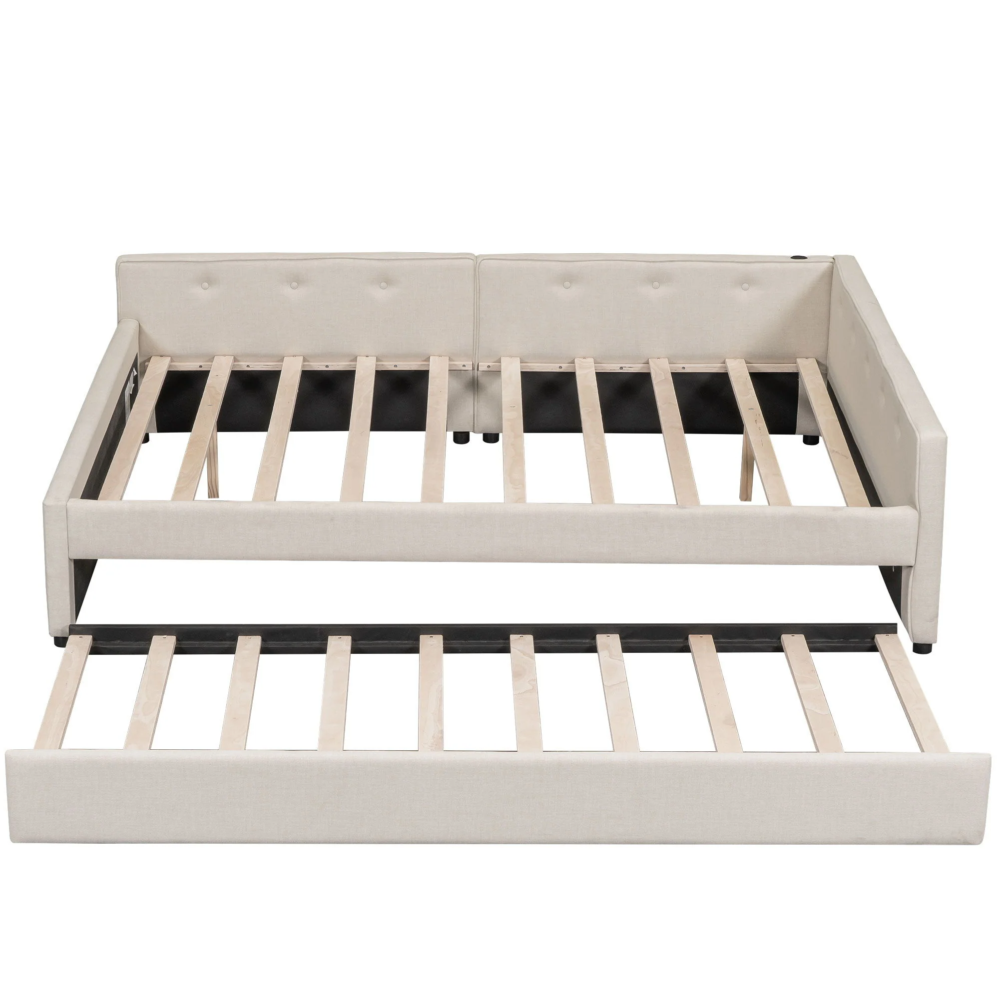 Queen Size Upholstered Platform Bed With USB And Twin Trundle - Beige - Image 2