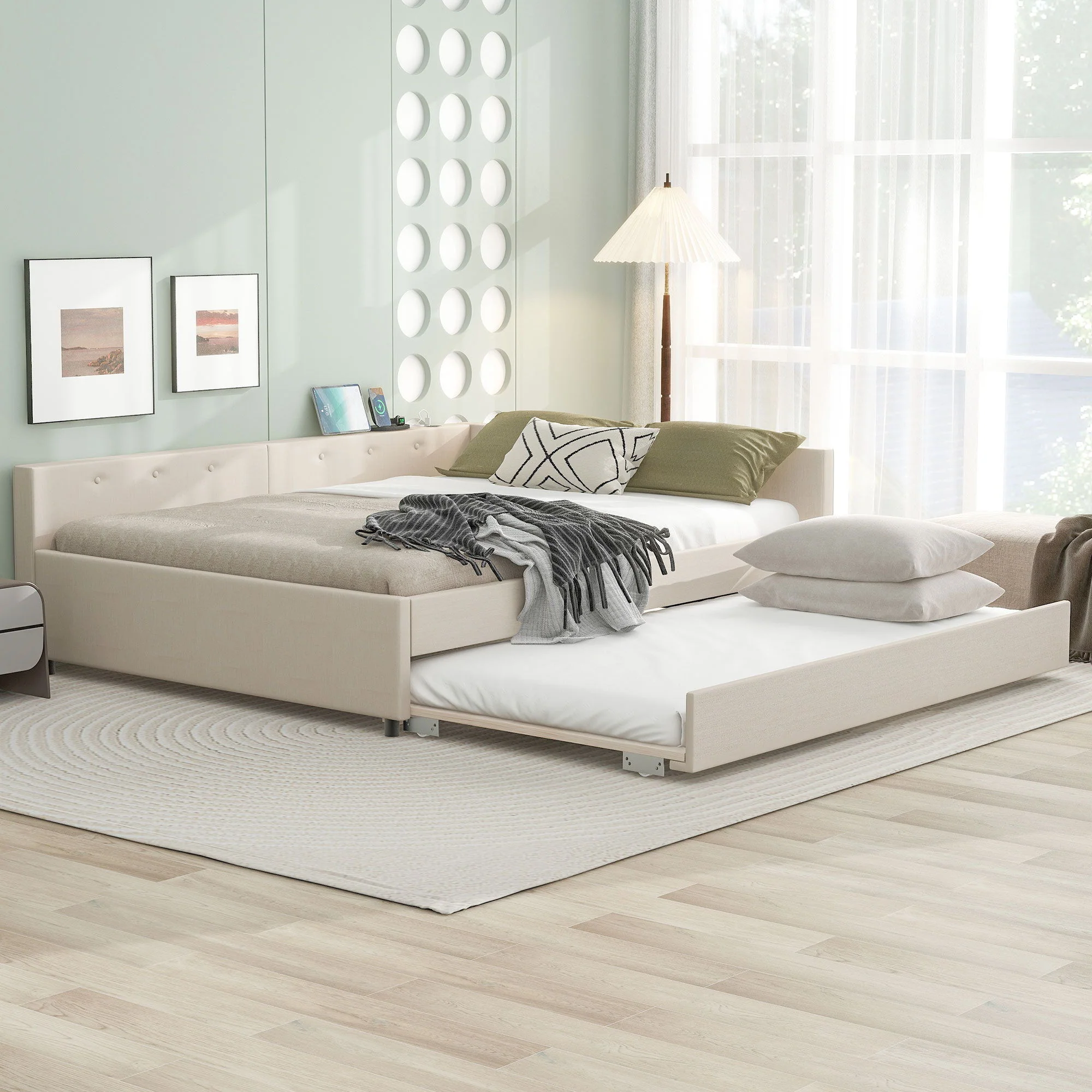 Queen Size Upholstered Platform Bed With USB And Twin Trundle - Beige - Image 4