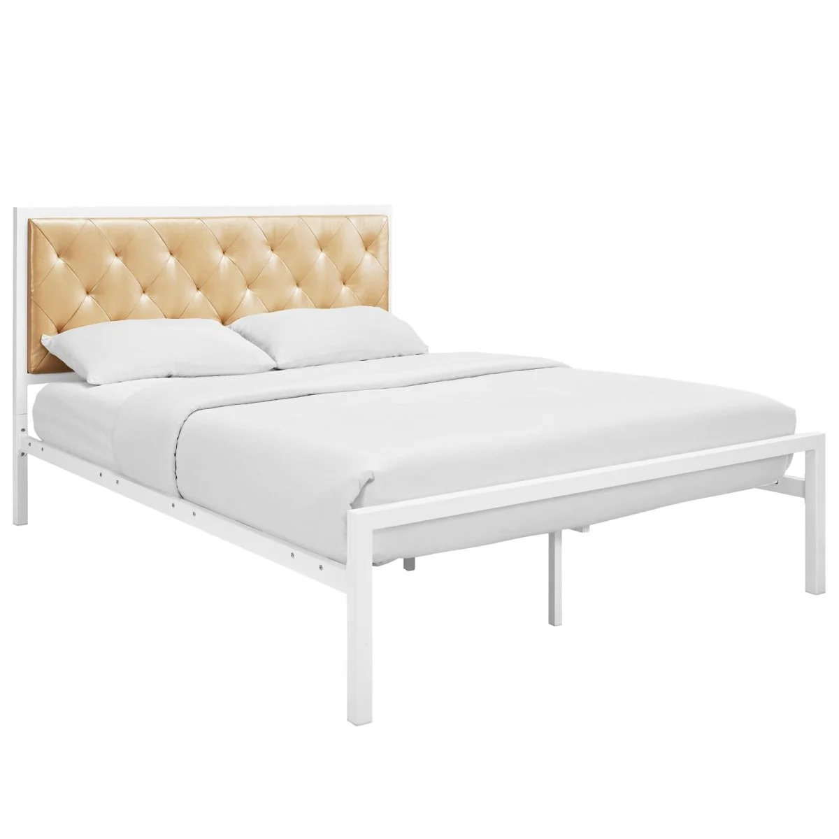 Queen Tufted Button Vinyl and Steel Platform Bed in White Champagne