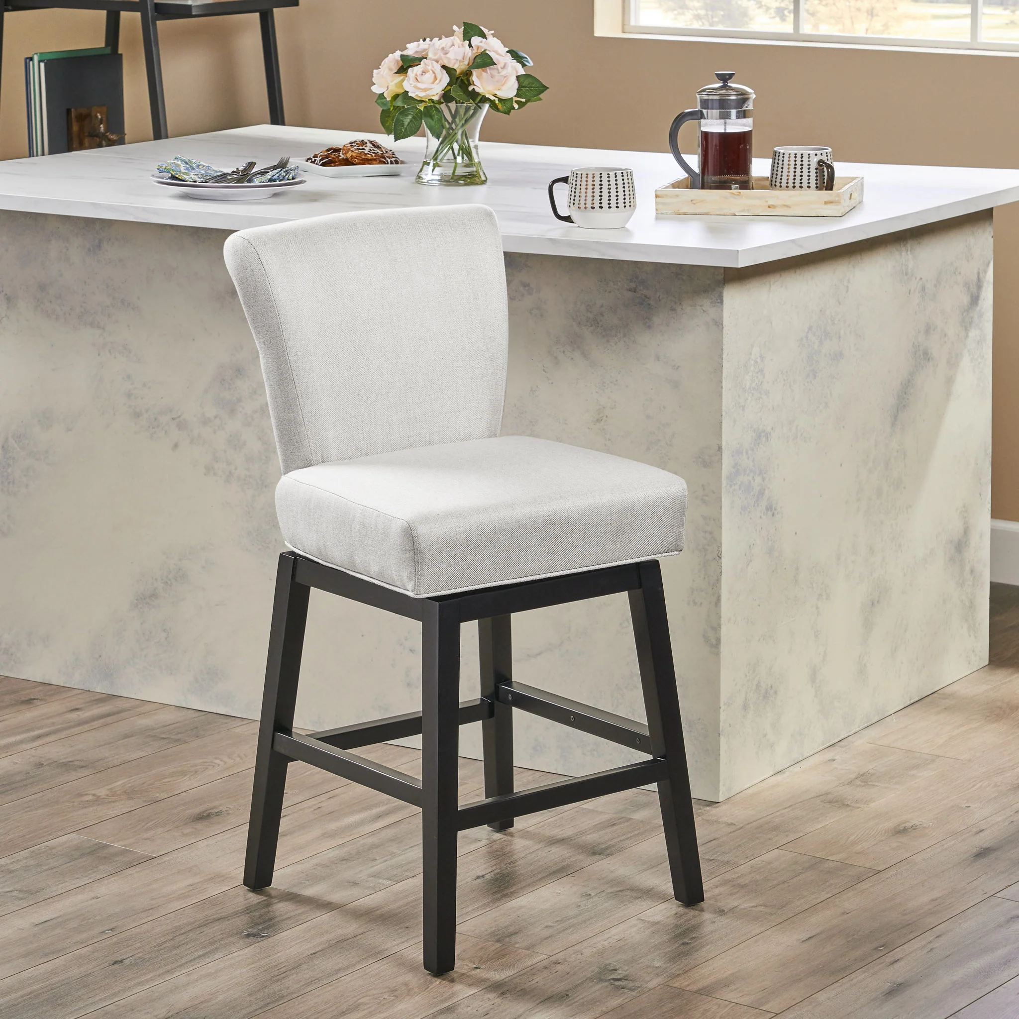 Quicksilvered - Upholstered Swivel Counter Stool With Wood Legs - Beige - Image 5
