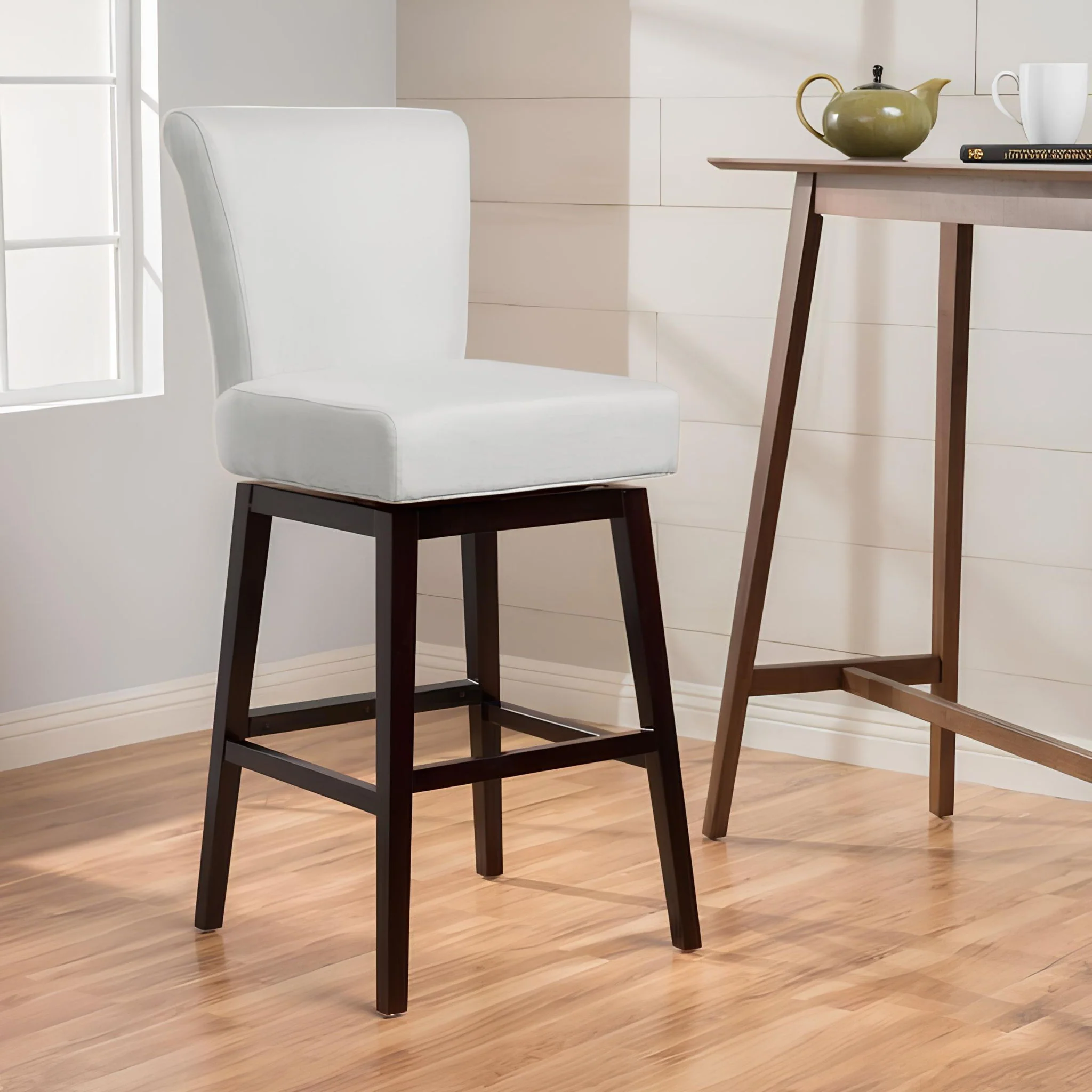 Quicksilvered - Upholstered Swivel Counter Stool With Wood Legs - Beige - Image 6