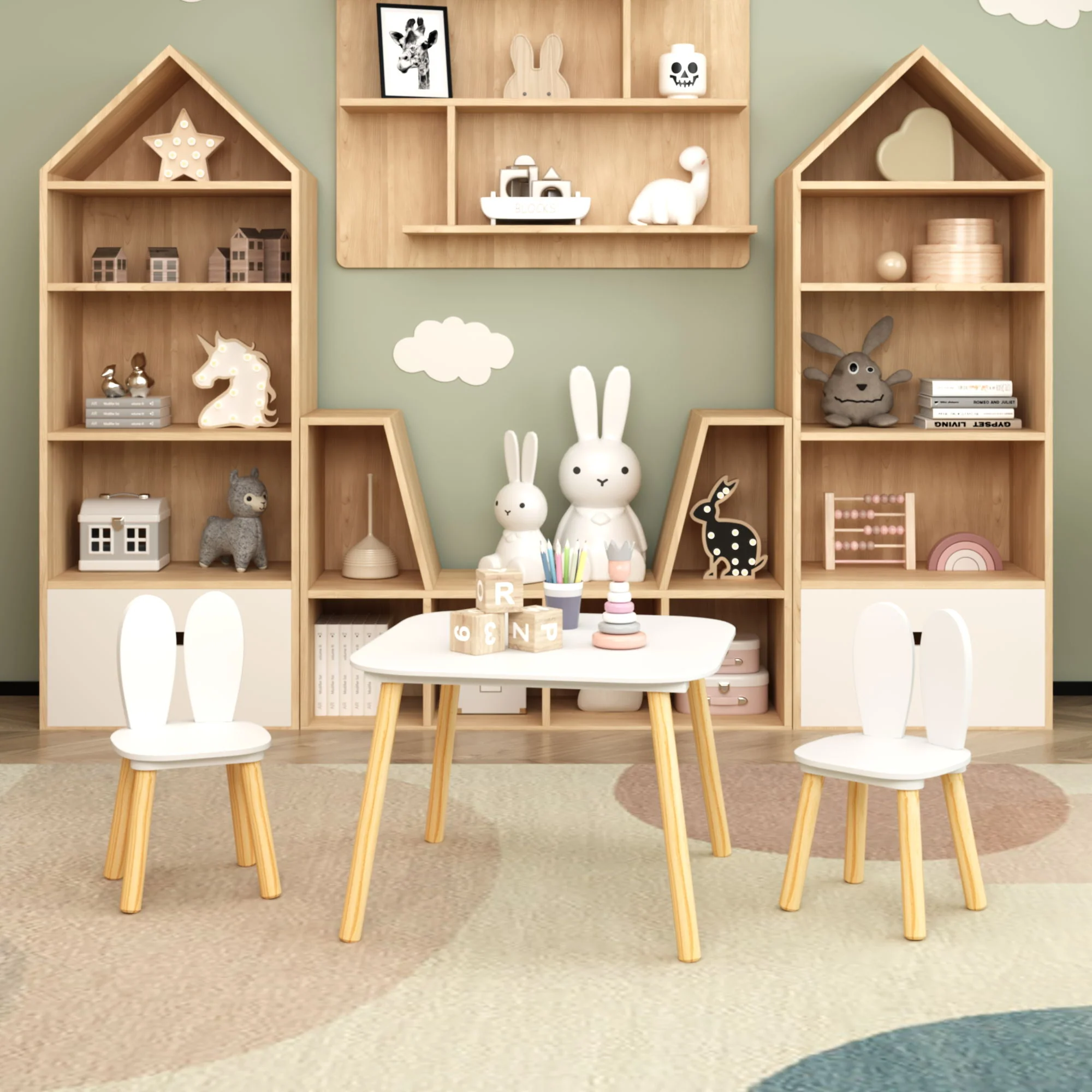 Rabbit Themed Table And 2 Chairs Set - White - Image 4