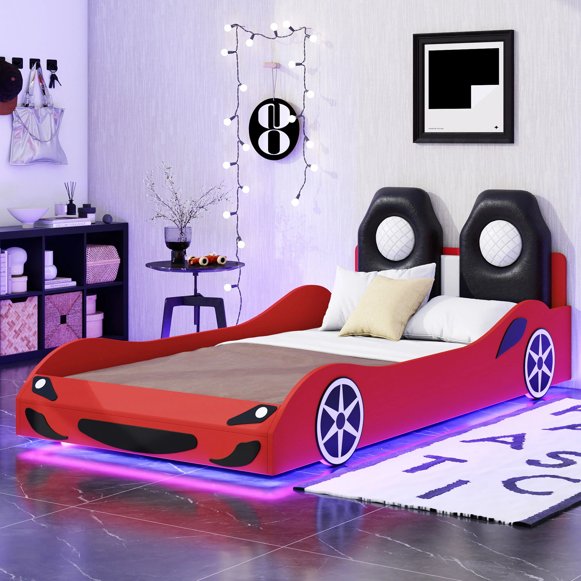 Race Car Shaped Platform Bed With LED And Upholstered Backrest In - Image 10