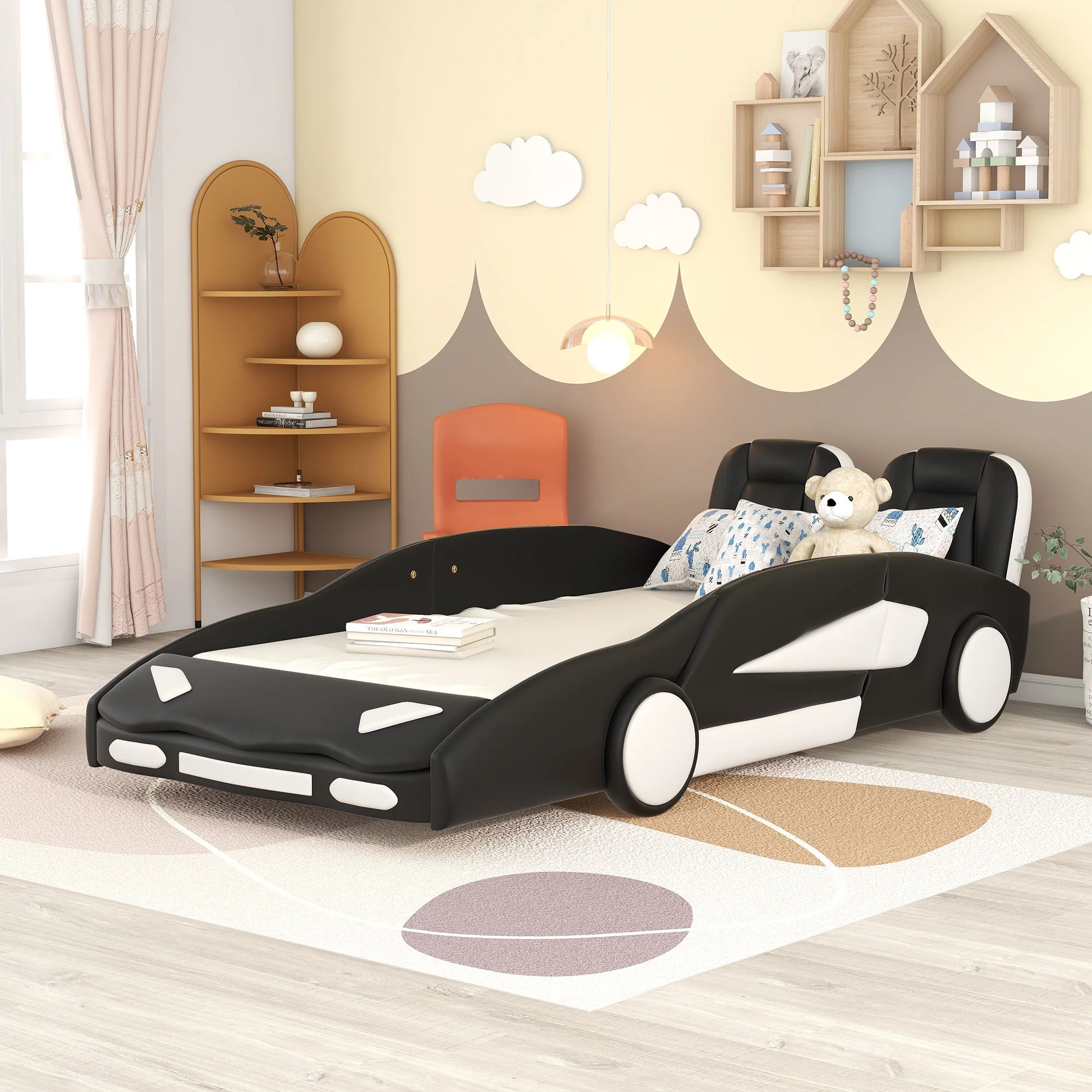 Race Car Shaped Twin Platform Bed With Wheels, Pine Wood Construction - Image 13