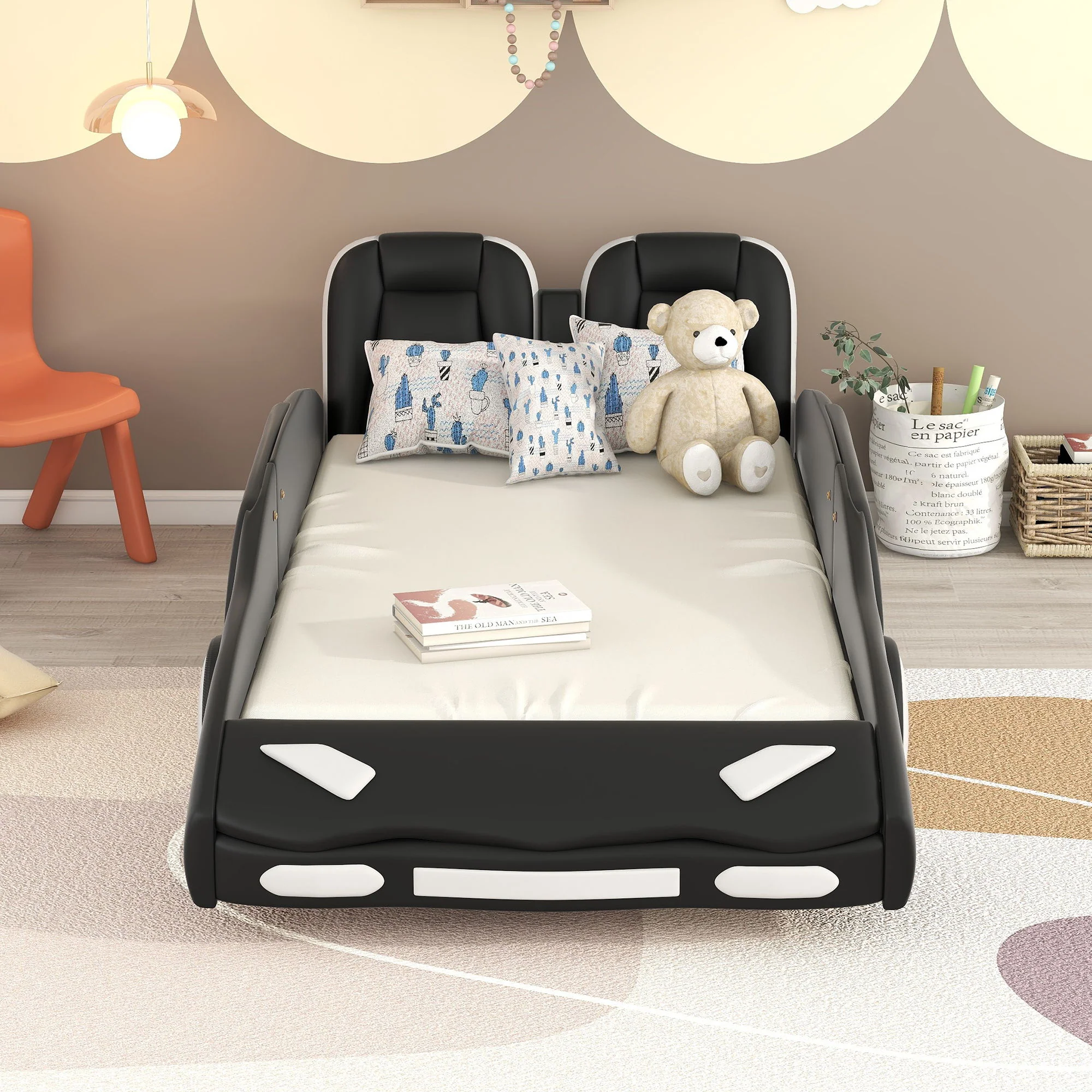 Race Car Shaped Twin Platform Bed With Wheels, Pine Wood Construction - Image 3