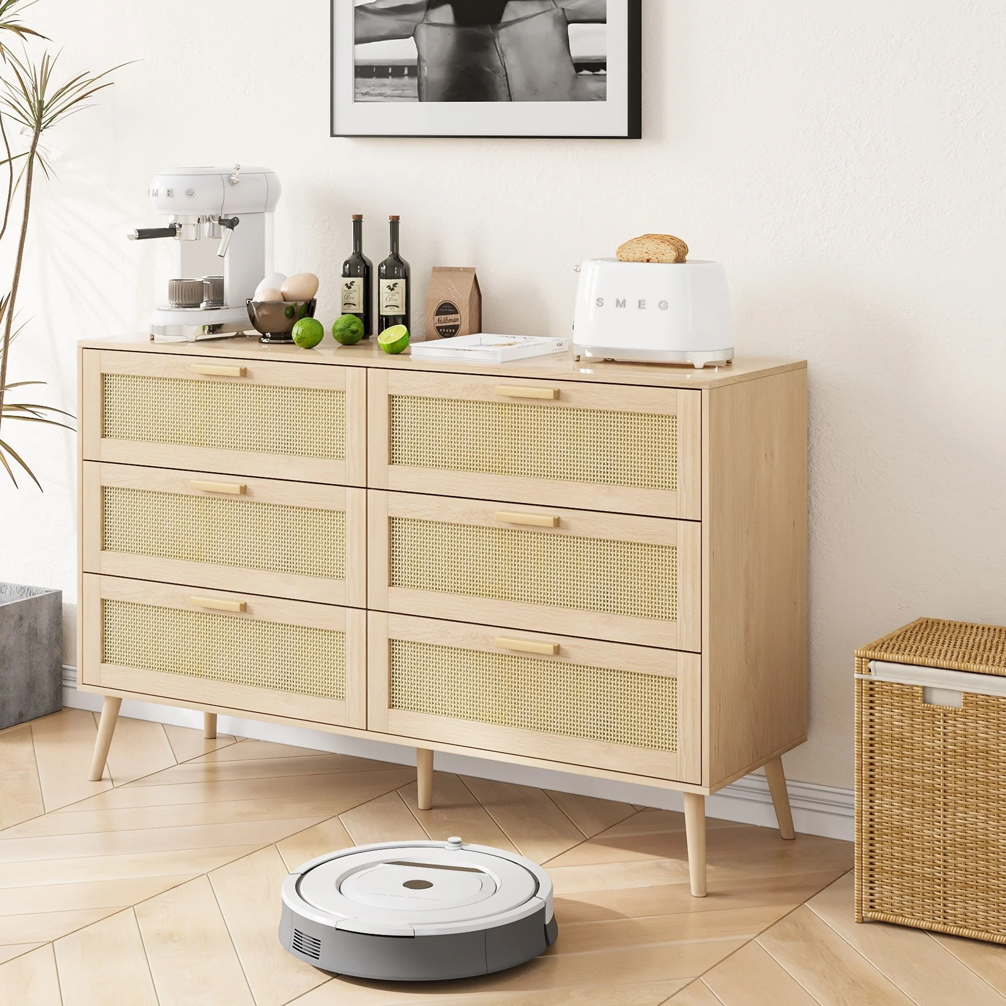 Rattan 6 Drawers Chest Of Dressers For Bedroom, Modern 6 Drawer Dresser, Wide Chest Of Drawers With Wood Handles, Rattan Dresser Storage Cabinet For Living Room, Bedroom, Hallway - Natural Wood / Oak - Image 5