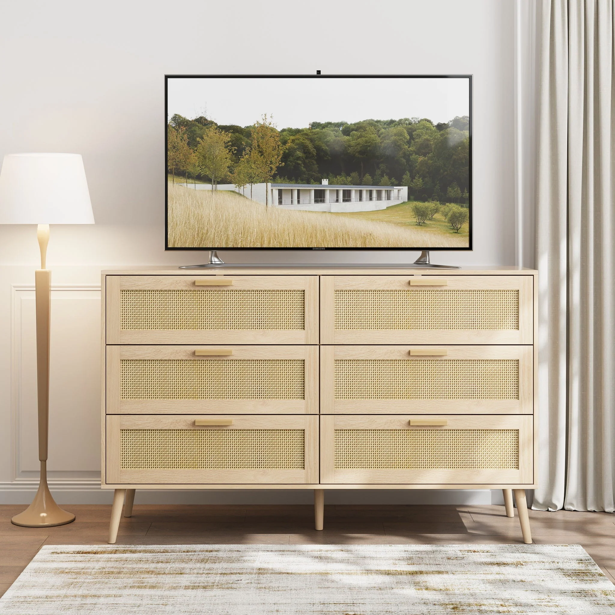 Rattan 6 Drawers Chest Of Dressers For Bedroom, Modern 6 Drawer Dresser, Wide Chest Of Drawers With Wood Handles, Rattan Dresser Storage Cabinet For Living Room, Bedroom, Hallway - Natural Wood / Oak - Image 6