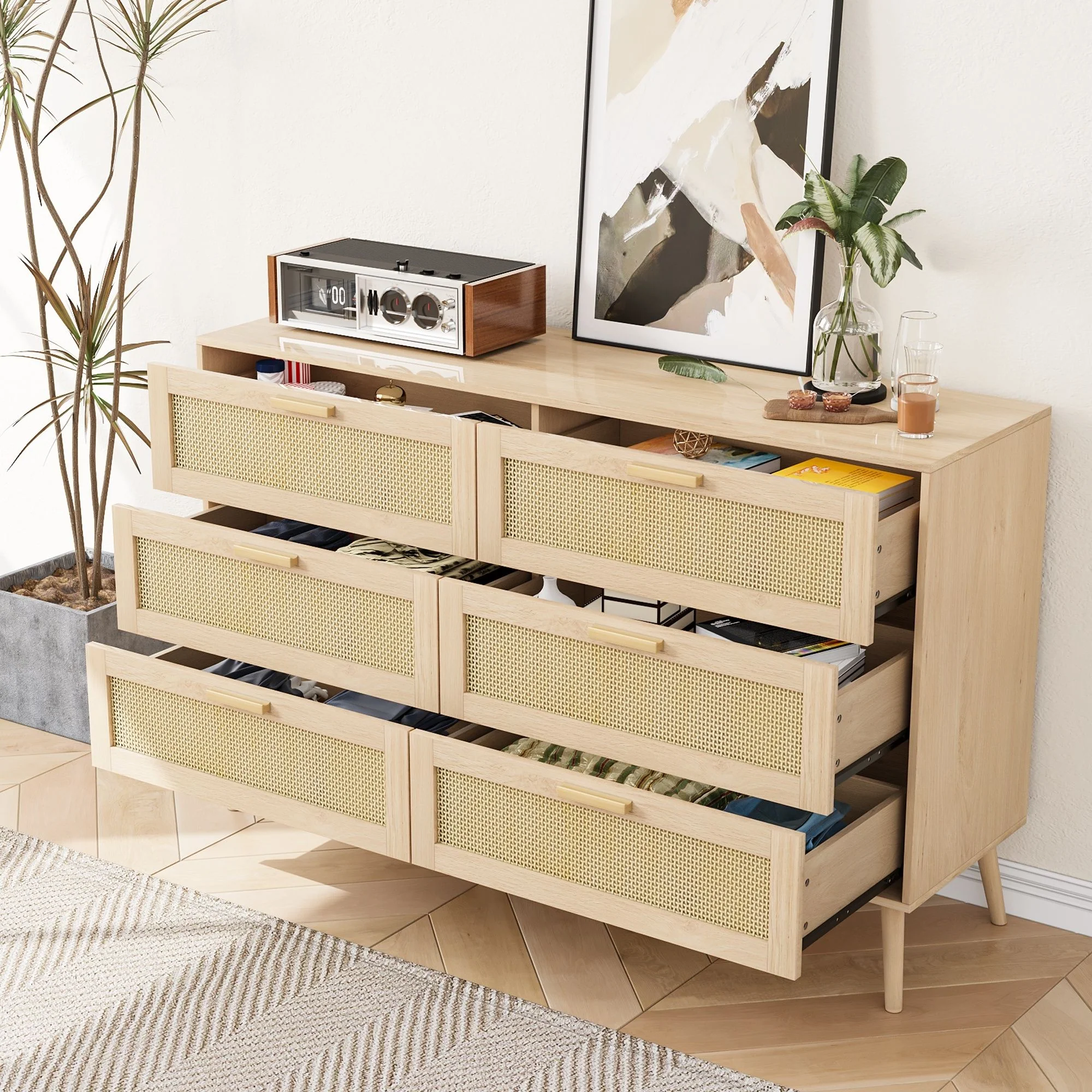 Rattan 6 Drawers Chest Of Dressers For Bedroom, Modern 6 Drawer Dresser, Wide Chest Of Drawers With Wood Handles, Rattan Dresser Storage Cabinet For Living Room, Bedroom, Hallway - Natural Wood / Oak - Image 8