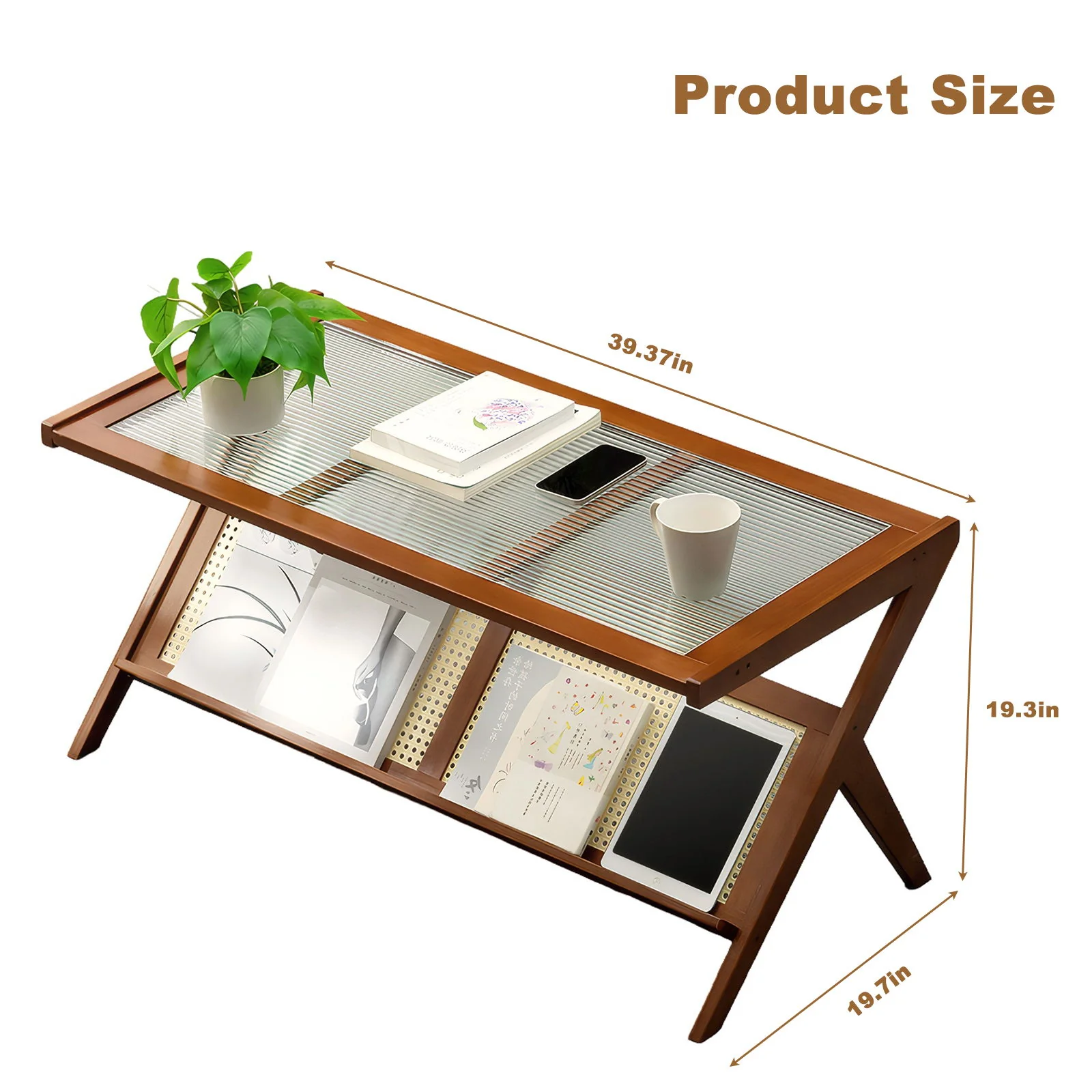 Rattan Coffee Tables For Living Room, Mid Century Modern Coffee Table With Glass Top, Large Boho Center Table With Storage - Brown - Image 2