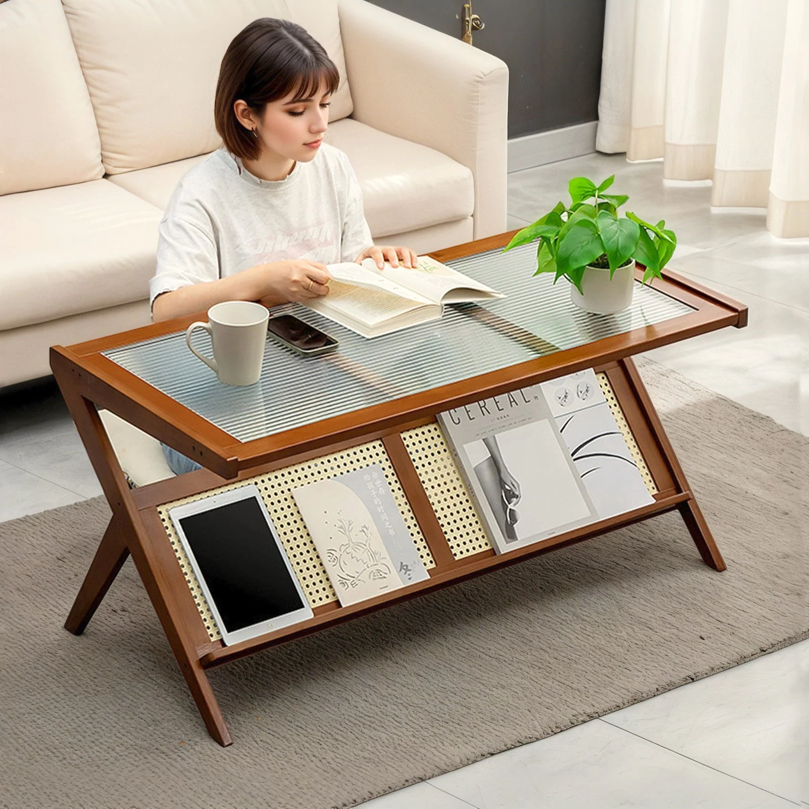 Rattan Coffee Tables For Living Room, Mid Century Modern Coffee Table With Glass Top, Large Boho Center Table With Storage - Brown - Image 6