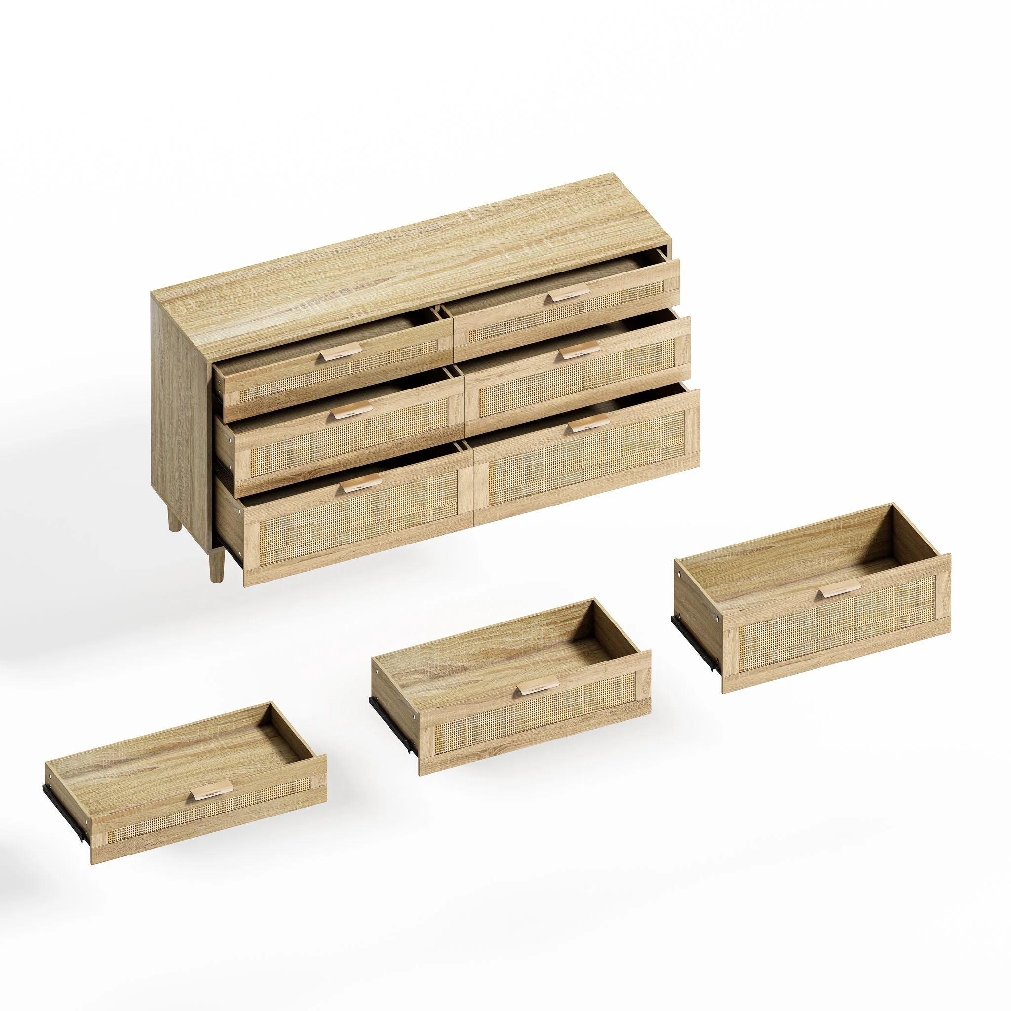 Rattan Dresser With 6 Drawers, Legs & Handles, Storage Cabinet - Natural