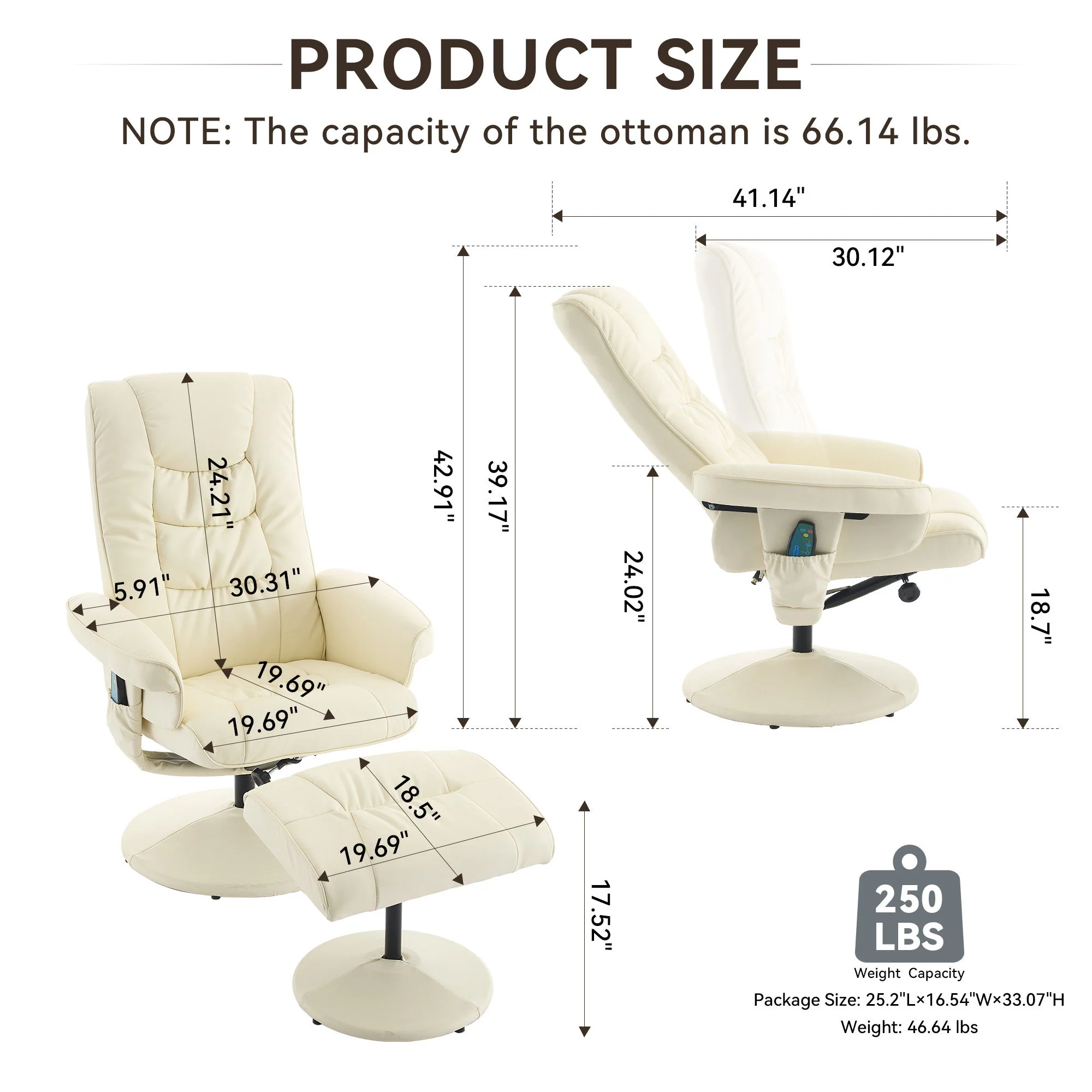 Recliner Chair With Ottoman, 360° Swivel Massage Lounge Chair With 5-Point Vibration & Heated Seat - Image 2