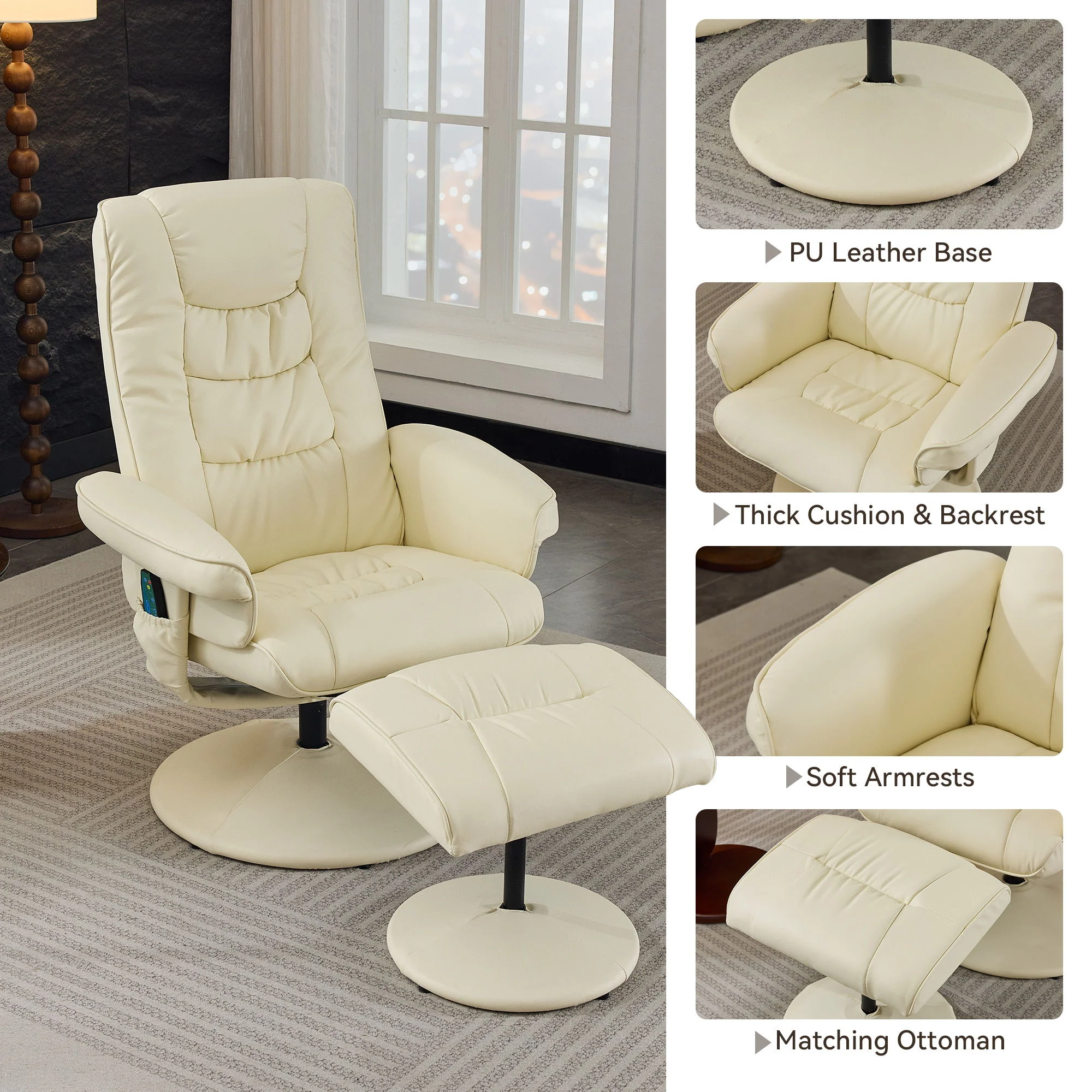 Recliner Chair With Ottoman, 360° Swivel Massage Lounge Chair With 5-Point Vibration & Heated Seat - Image 5