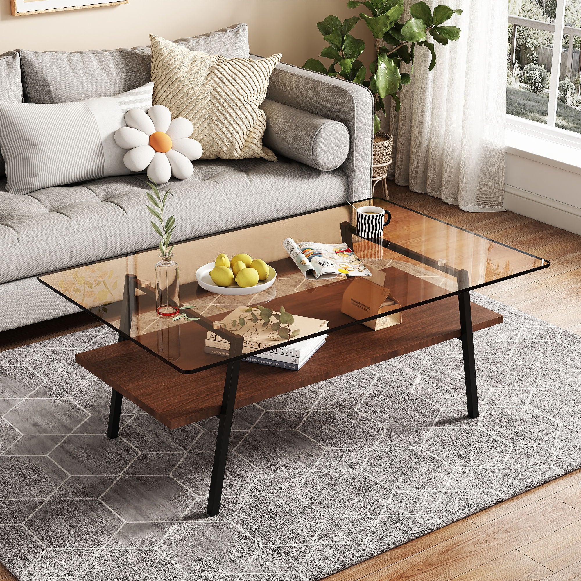 Rectangle Coffee Table, Tempered Glass Tabletop Modern Table For Living Room - Image 5