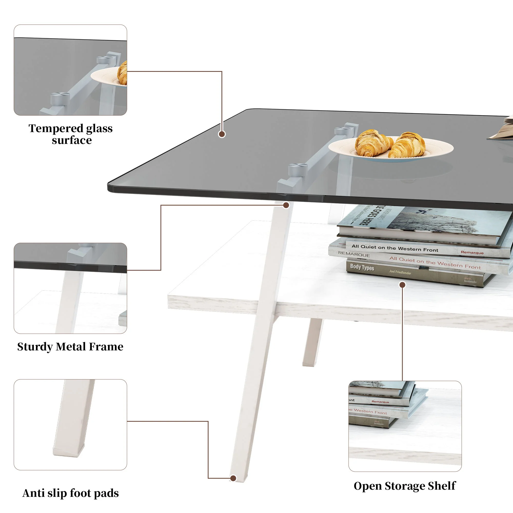 Rectangle Coffee Table, Tempered Glass Tabletop With Metal Legs - Image 18