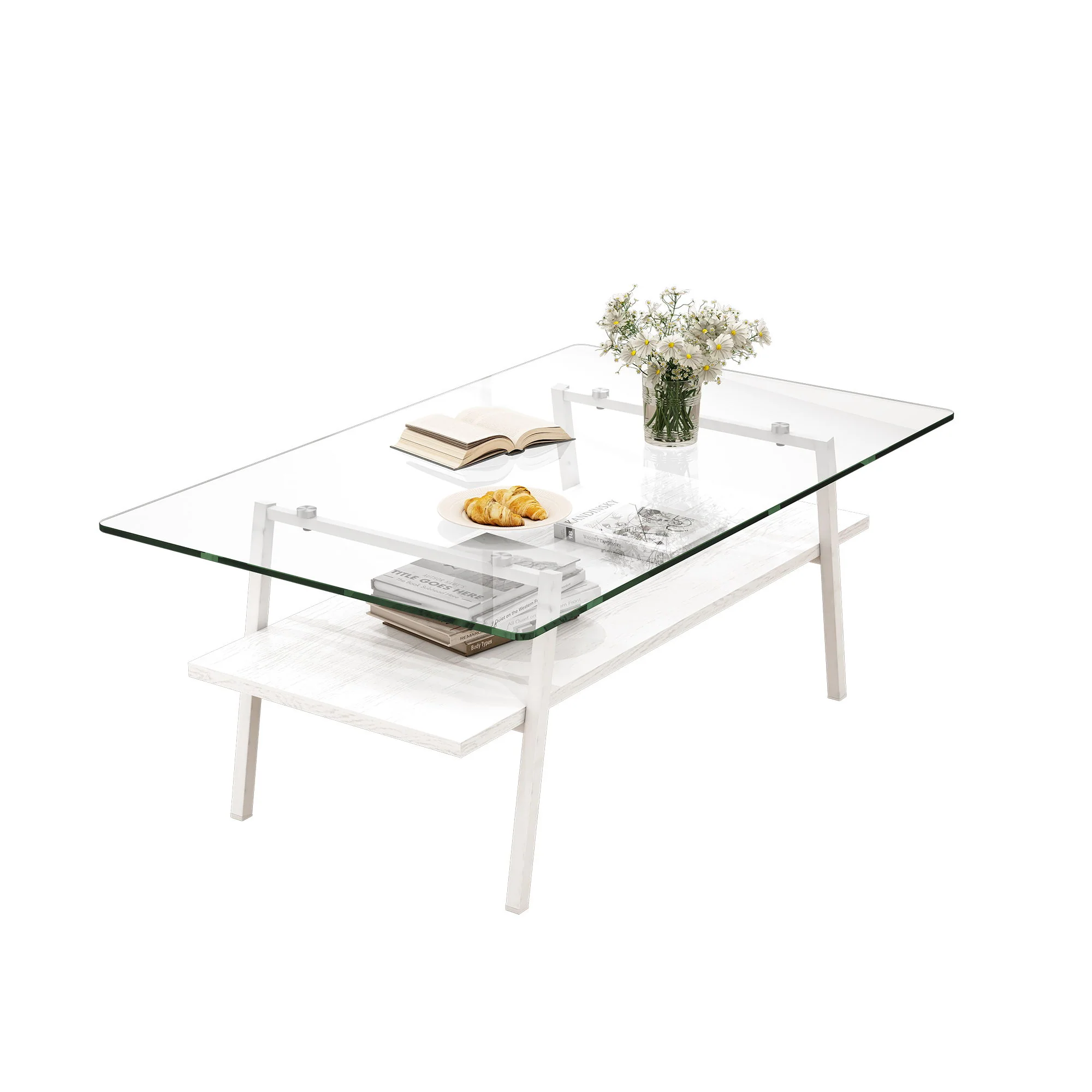 Rectangle Coffee Table, Tempered Glass Tabletop With Metal Legs, Modern Table For Living Room - Image 4